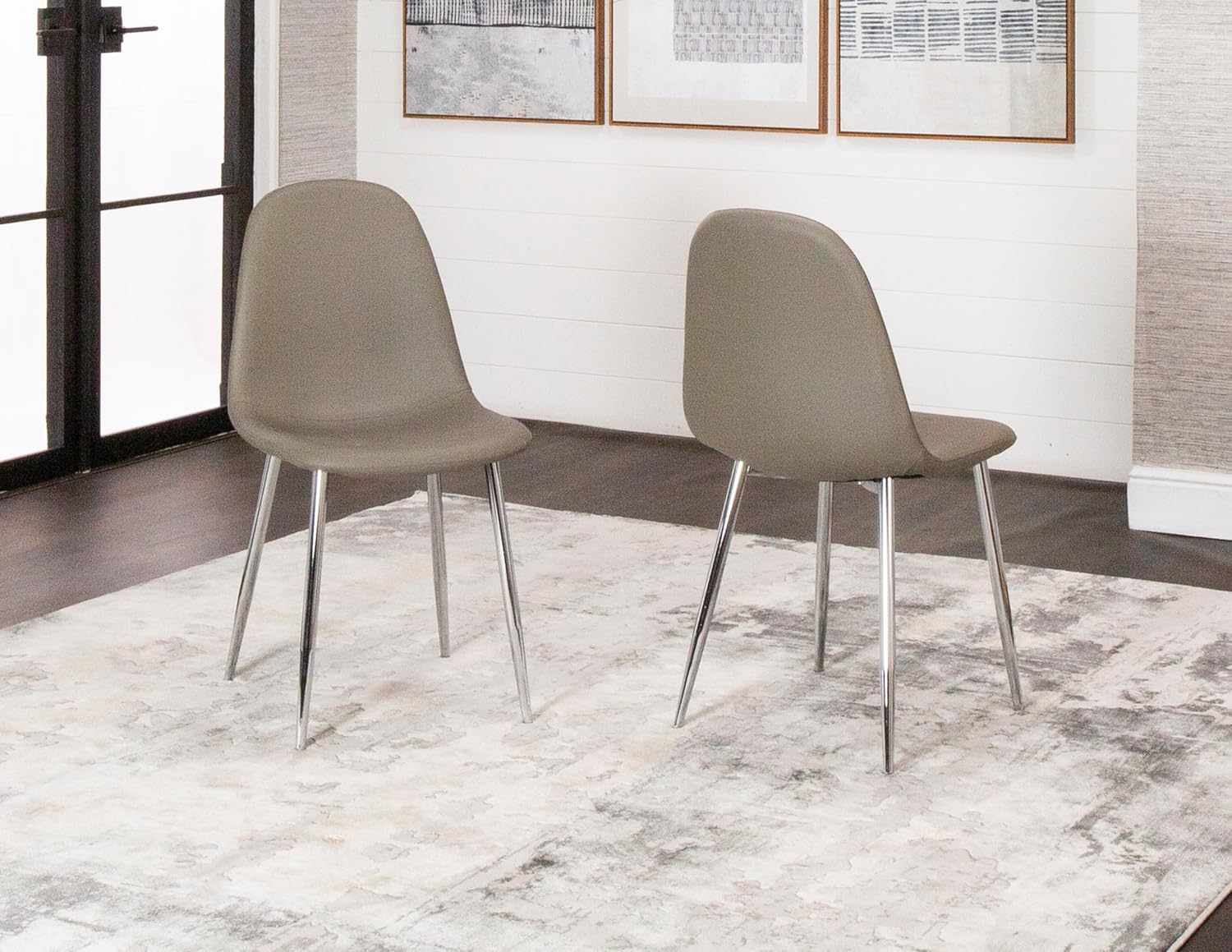 Sunset Trading Venu Dining Chairs | Polished Chrome Silver Tapered Legs | Charcoal Gray Armless Faux Leather Bucket Seats | Set of 2 | Contemporary, Mid-Century Modern Kitchen Sidechairs