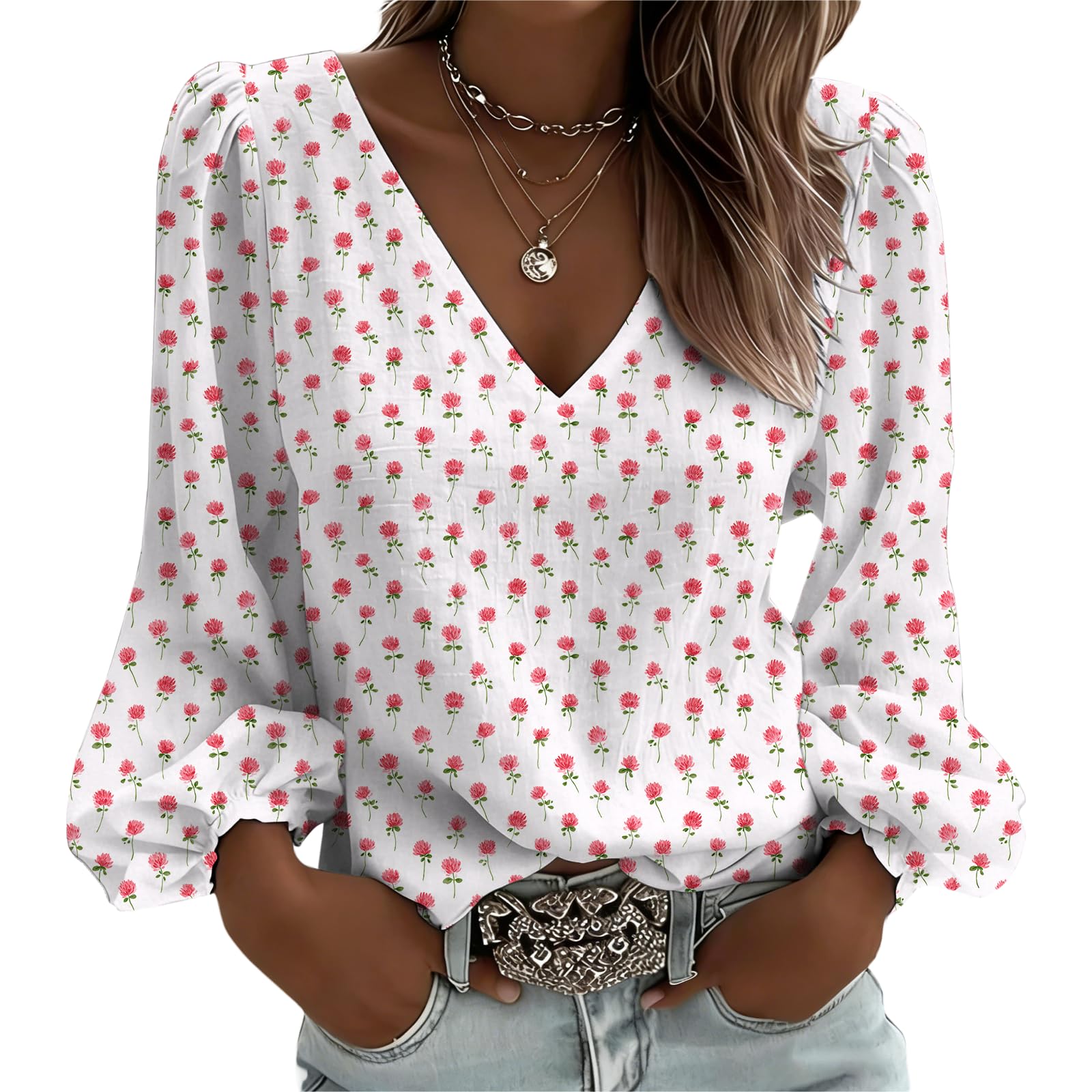 domirica Vintage Floral Women Tunic Tops Deep V Neck Puff Sleeve Lightweight Spring Casual 2026 Soft Comfy Shirts Rose Large