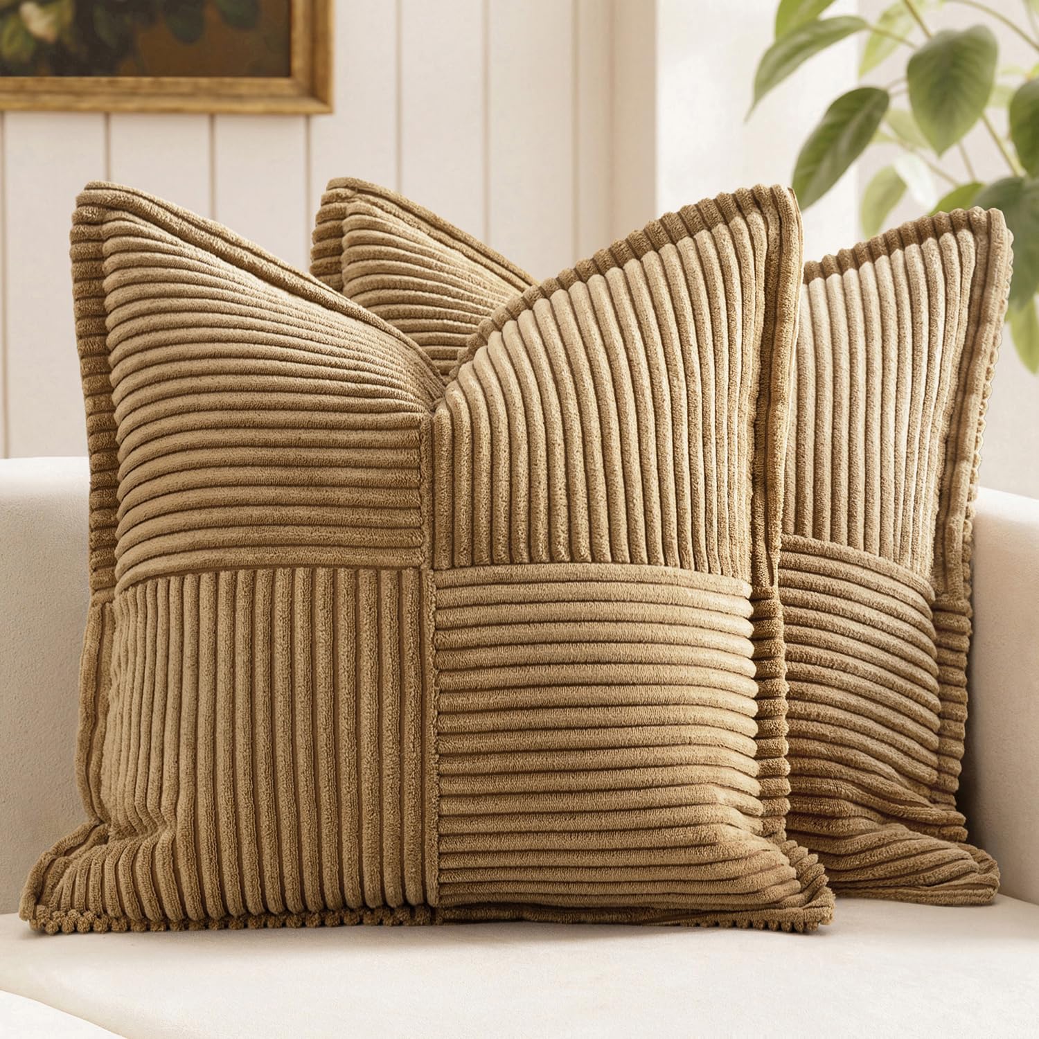MIULEE Decorative Throw Pillow Covers for Couch 18x18 Inch Brown 2 Pack | Boho Broadside Striped Patchwork Pillow Covers, Soft Corduroy Cushion Cases, For Sofa Bed Livingroom Home Decor