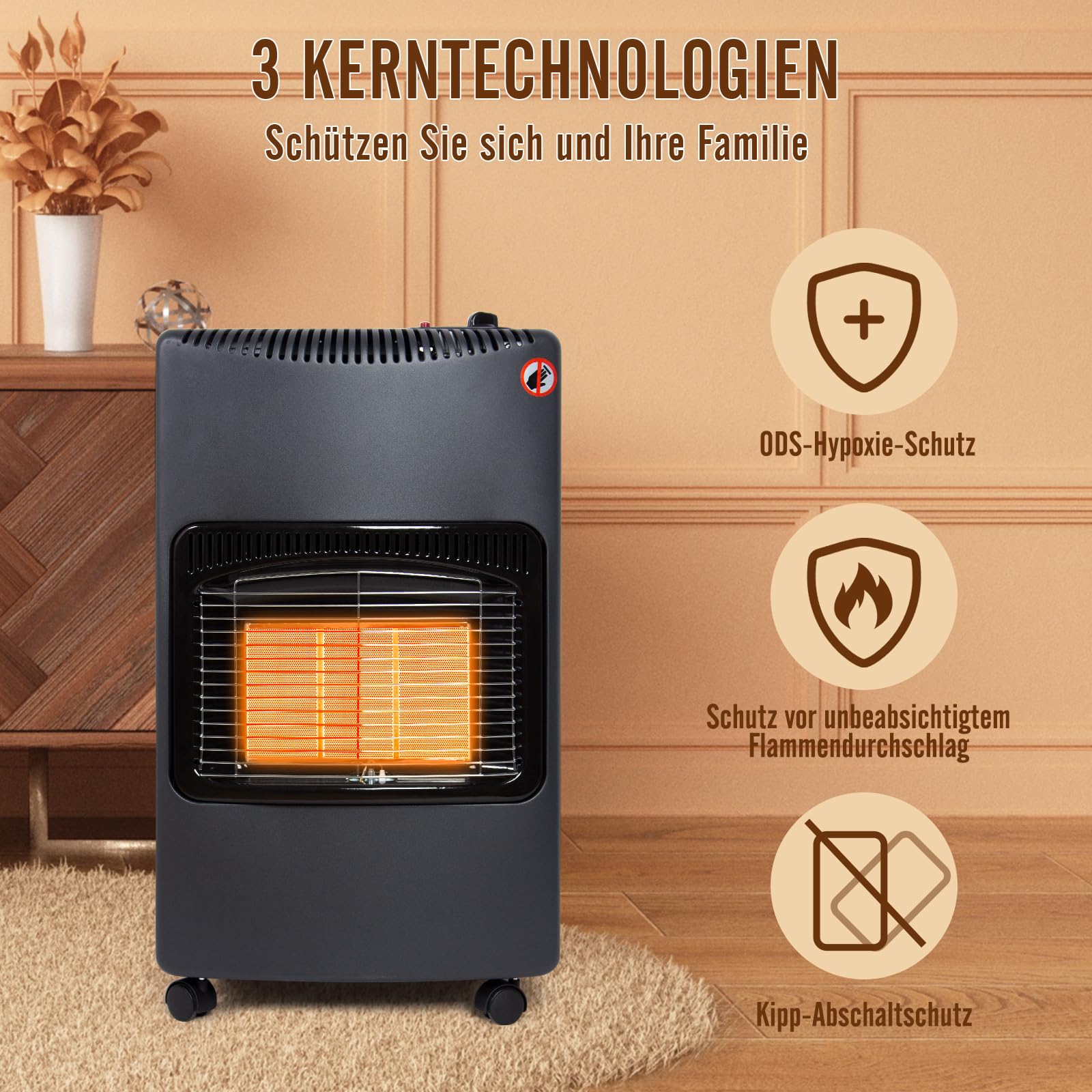 Todeco 4200 Watt Keramik Gasheizer Gasheizung Gasofen, Schwarz, 3 Heizstufen, inkl. Druckregler, Gasschlauch, Keramik Gasheizung für Balkone und gut belüftete Innen- und Außenbereiche