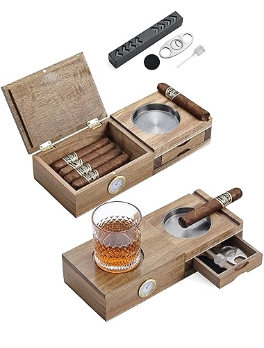 Joyoldelf Cigar Humidor Solid Wood Cigar Set Ashtray,5-In-1 Cigar Humidor