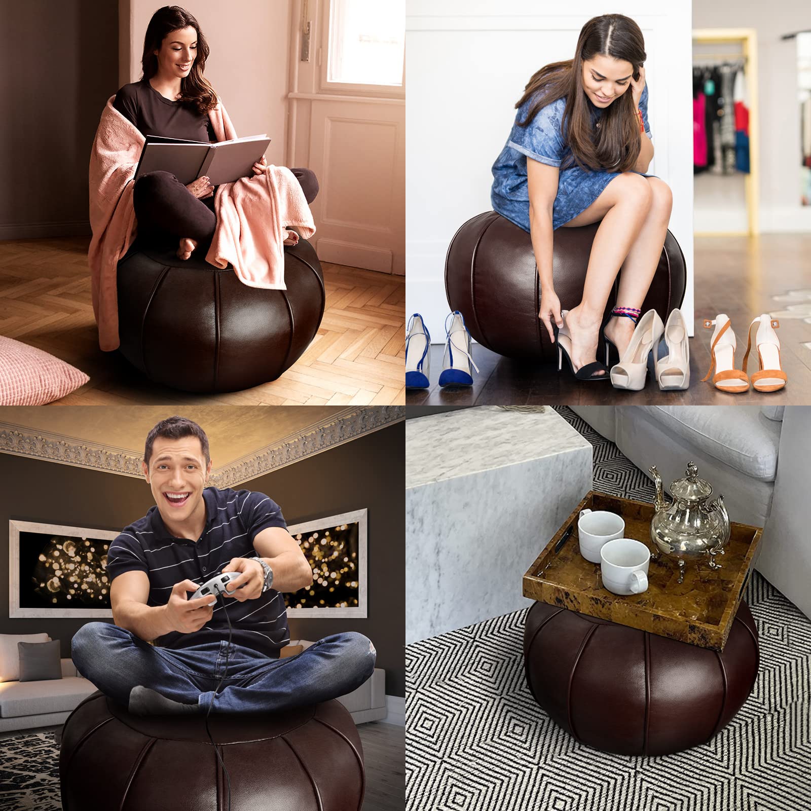 Louis Donné, Pouf artigianale in pelle di prima qualità, realizzato a mano, non imbottito, copertura ottomana, poggiapiedi, cuscino rotondo (marrone scuro)