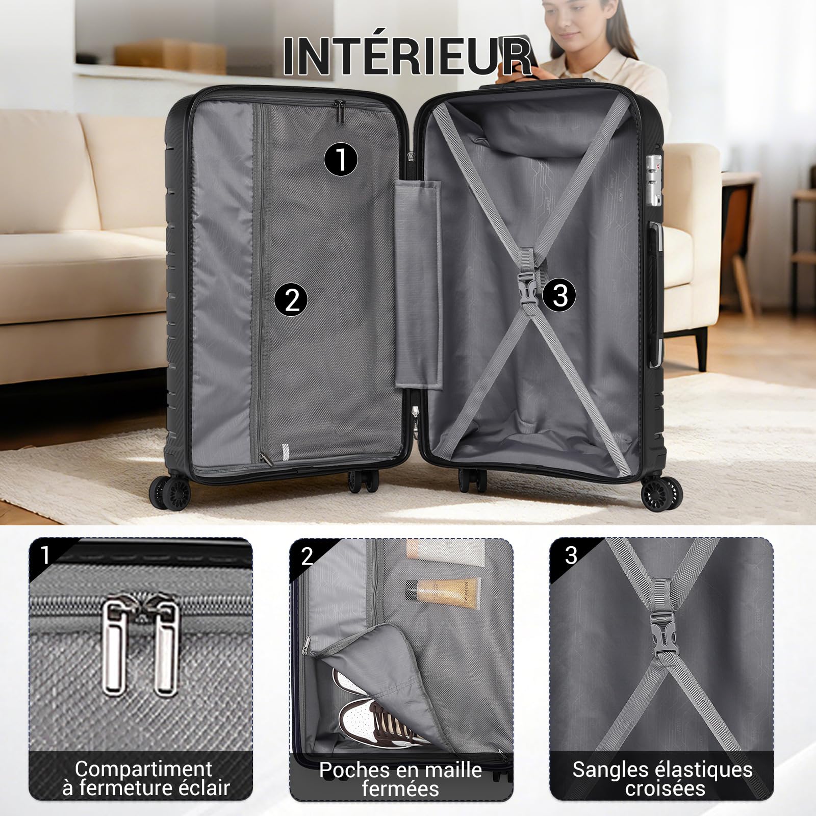 Kono Valise Moyenne Trolley Rigide en PP avec Serrure TSA（Noir, M）