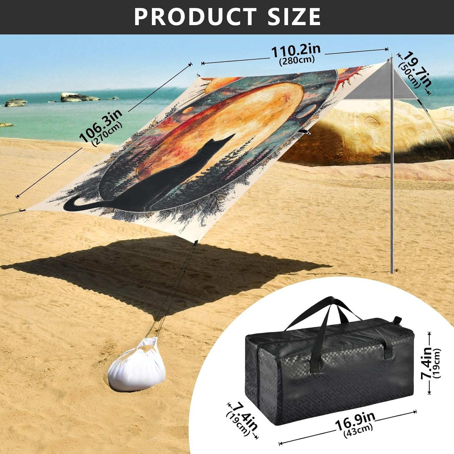 ALAZA Black Cat Moon Witch Beach Tent Sun Shelter UPF50+ Protection Beach Shade Canopy w/ 4 Sandbags for Outdoor Camping, Fishing, Backyard Fun, Picnic, 10x9 ft