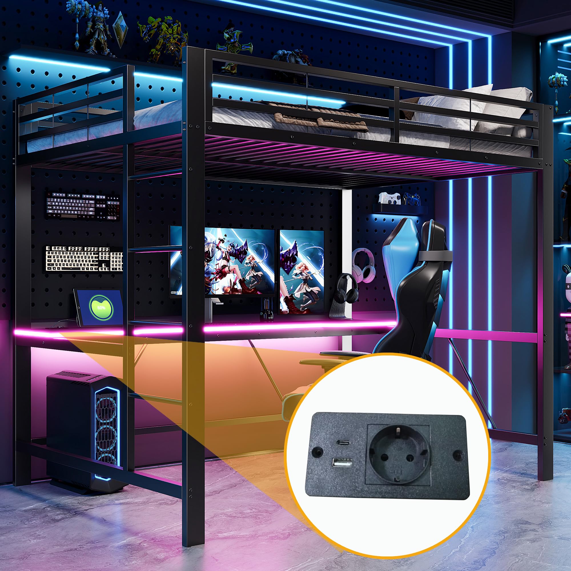Letto a castello da gaming in metallo 140x200cm con striscia LED .Letto a soppalco con stazione di ricarica USB e scrivania,letto matrimoniale nero(Senza Materasso)
