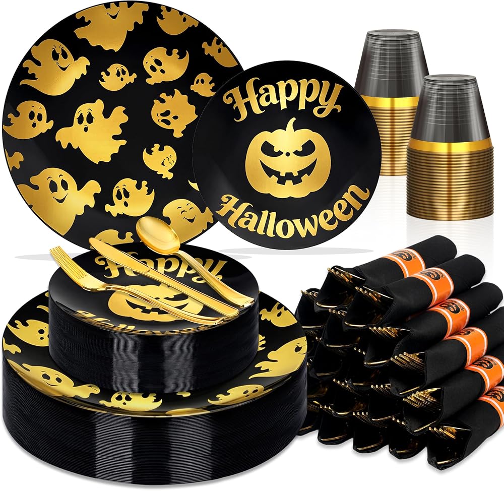 Sylans 175PCS Black Halloween Party Plates Set Disposable for 25 Guests — 사진 1