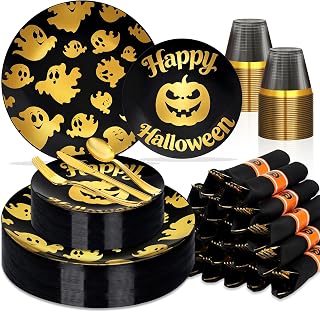 Sylans 175PCS Black Halloween Party Plates Set Disposable for 25 Guests
