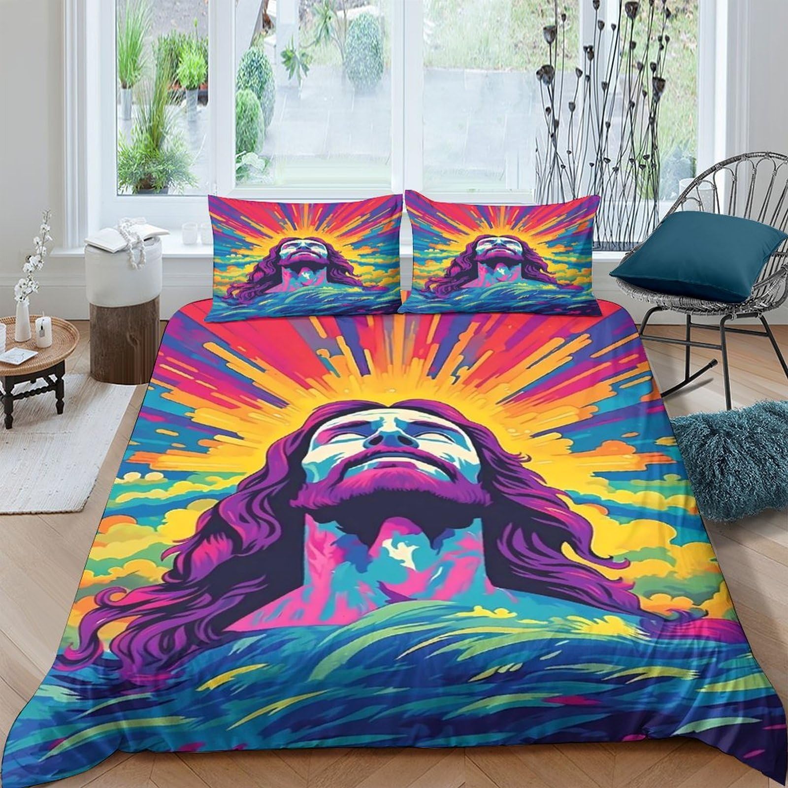Ctjqhvkz Style-5 3D Printed Pop Art Jesus Fitted Sheet Microfiber Vibrant Colorful Sunburst Bed Cover For Bedroom Guestroom Decor Single（135X200cm）