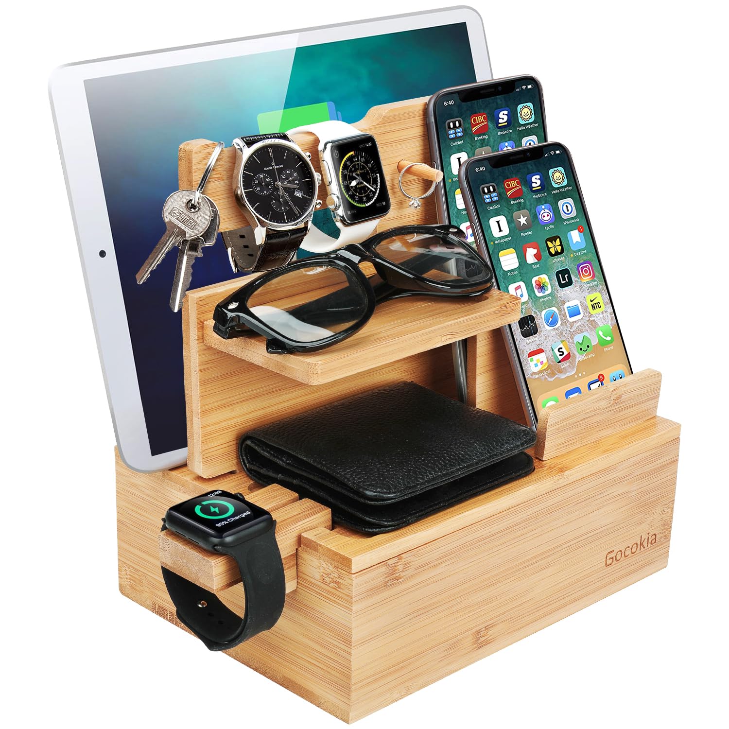 Gocokia Bamboo Charging Dock for Multiple Devices,Station Organizer for Phone Tablets Watch Key,​Mens Gifts for Christmas Husband Dad Birthday
