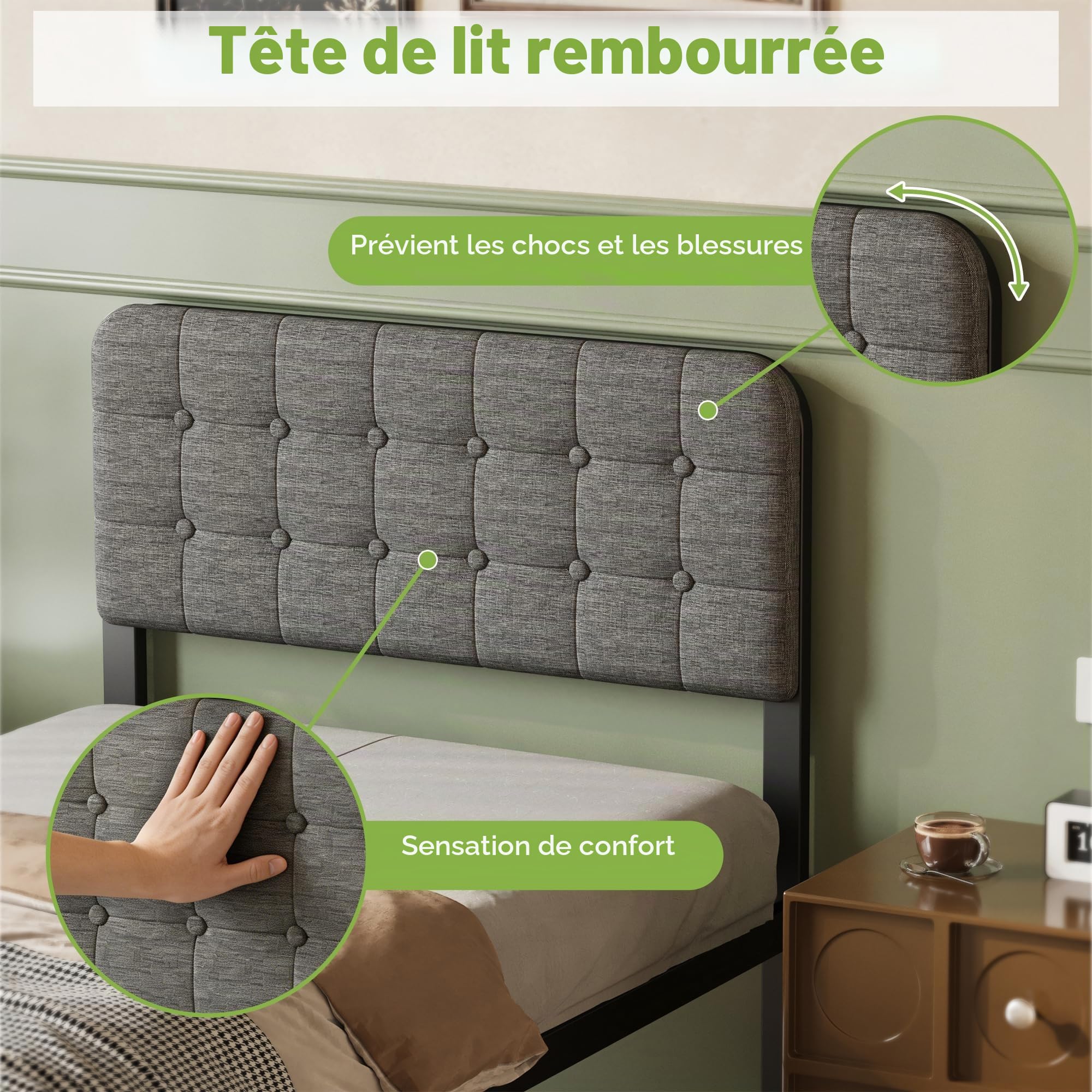 Lutown-Teen 80 x 190 cm Lit en Métal avec Tête de Lit Rembourrée Grise