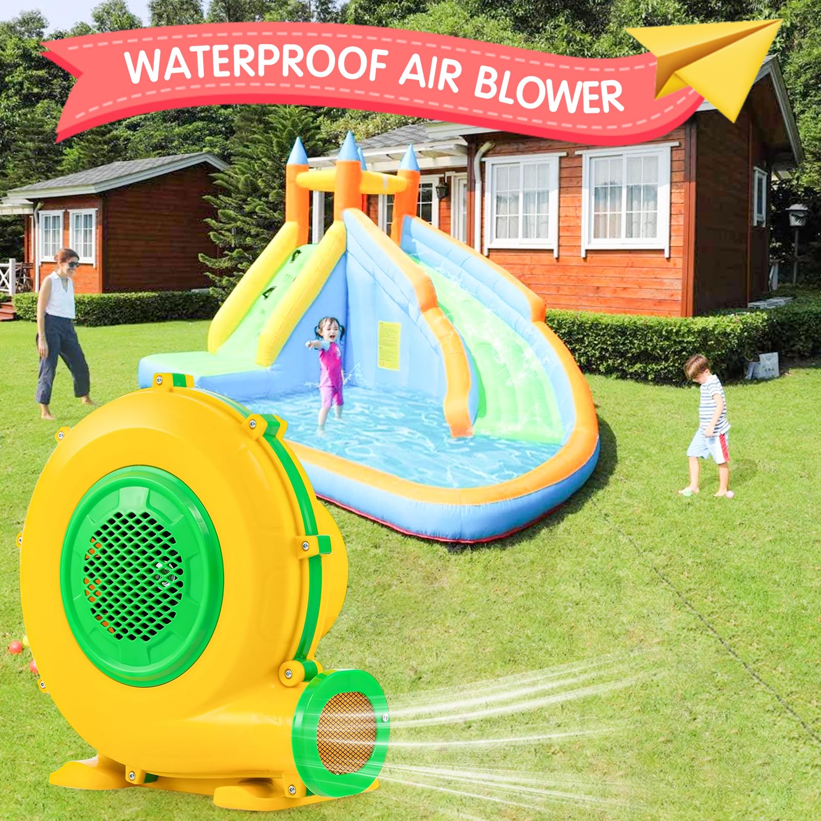 750W Soplador Eléctrico y Bomba de Aire con Mango y Estacas, Ventilador de Extracción Comercial para Castillo Hinchable, Castillo Inflable, Tobogán de Agua