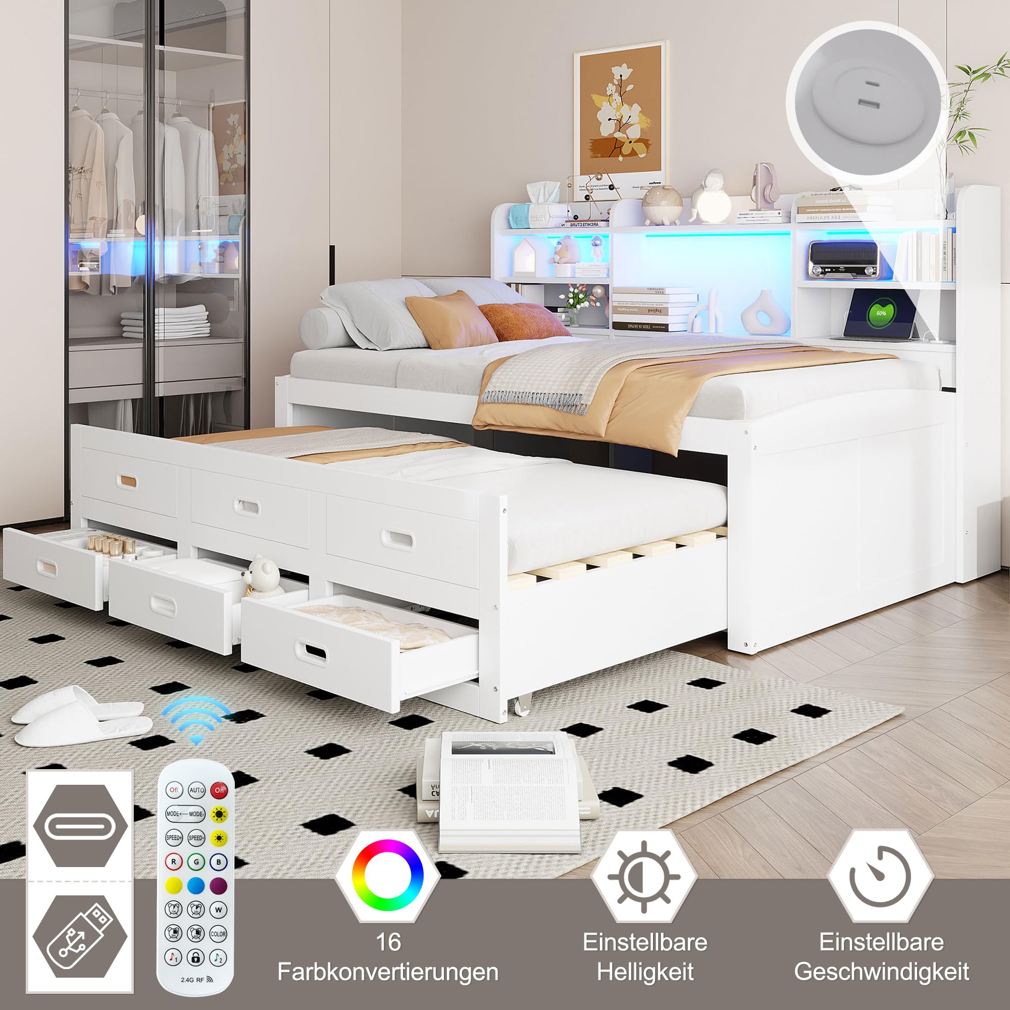 Sofá cama, cama de día, diurna, mando a distancia LED, 3 cajones, mesita de noche, cama extensible multifuncional con USB+Type-c, sin colchón, blanco (90 x 200 cm)