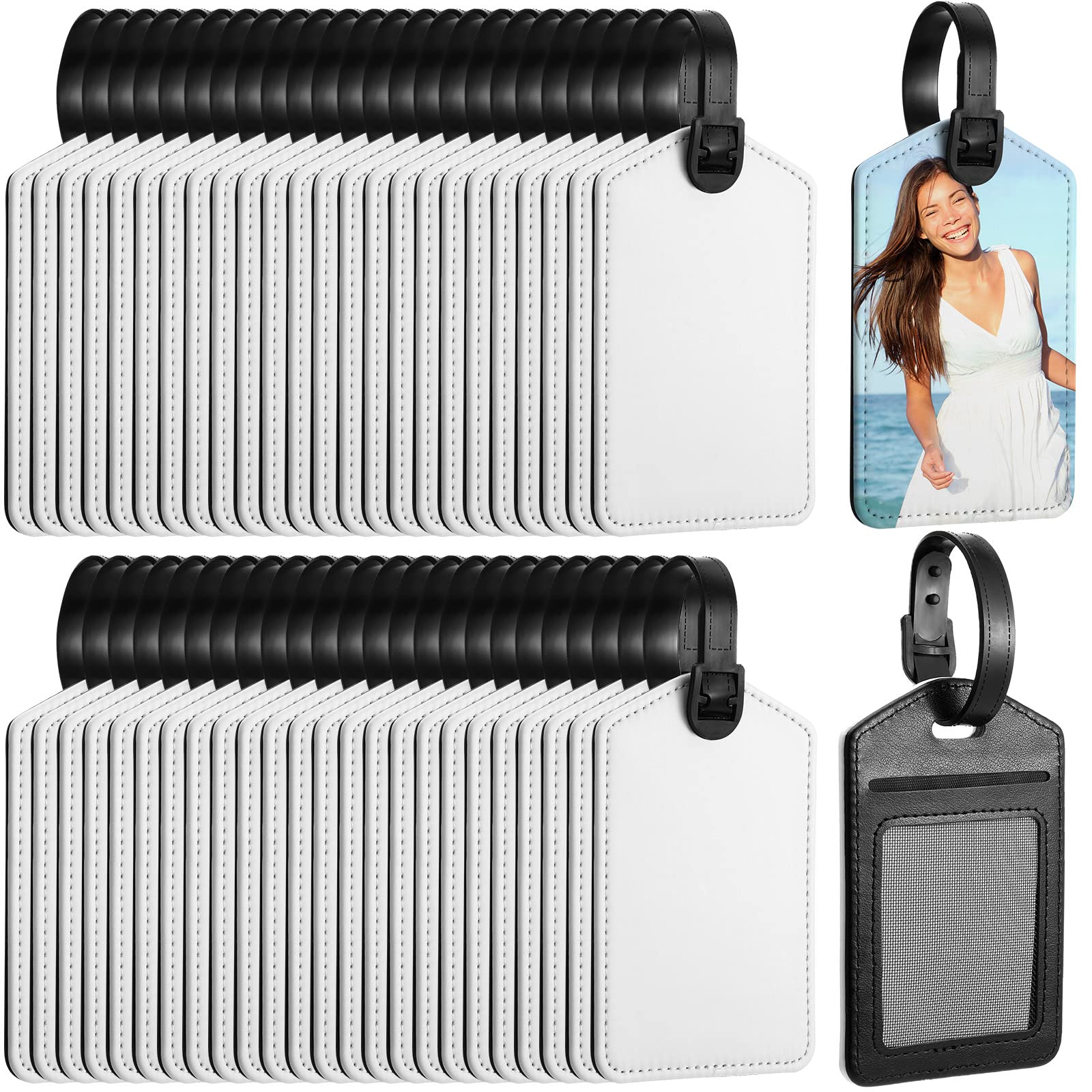 Hillban Sublimation Luggage Tags White Heat Transfer PU Leather Name Tag Blank Suitcase Label Travel Business ID Card Holder for DIY Travel Suitcase