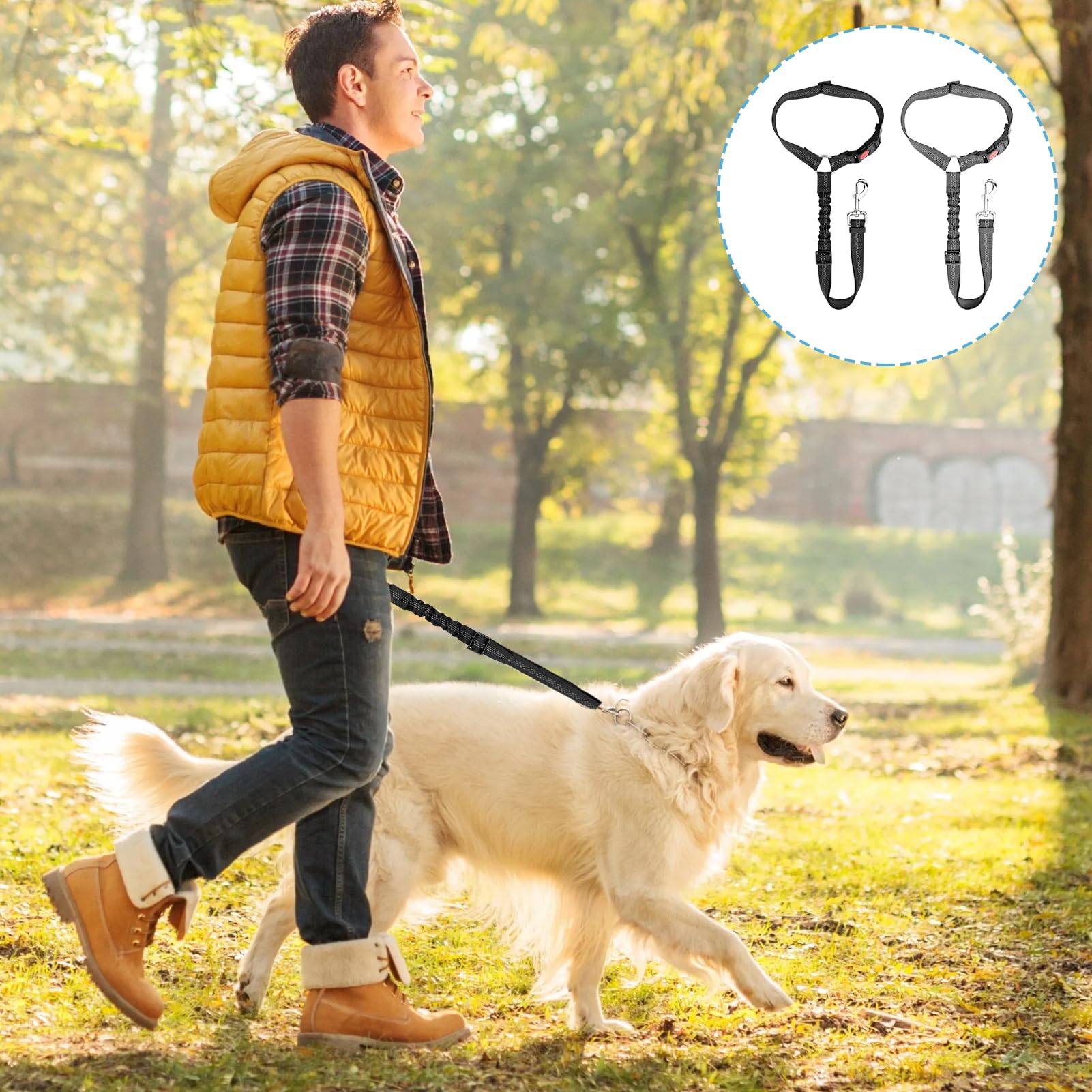 2PCS Ceinture Chien Voiture,Ceinture Securite Chien Voiture,Ensemble de Harnais Universelle, avec Absorption des Chocs, Réglable de 28 à 33 Pouces(Noir,Gris)