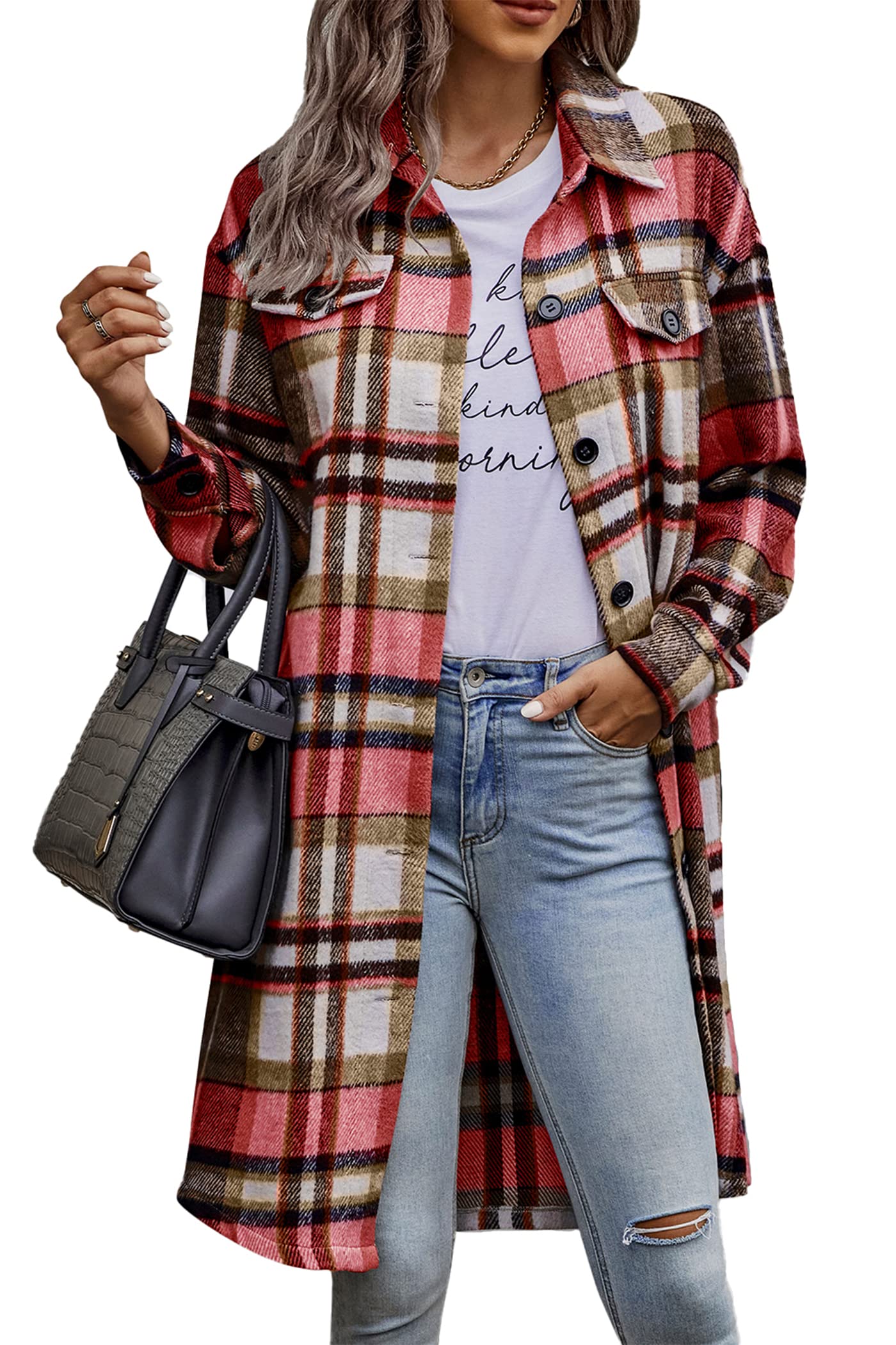 PRETTYGARDEN Womens Plaid Shacket Jacket Fall Fashion 2026 Long Sleeve Button Up Flannel Shirt Winter Clothing Woolen Coats