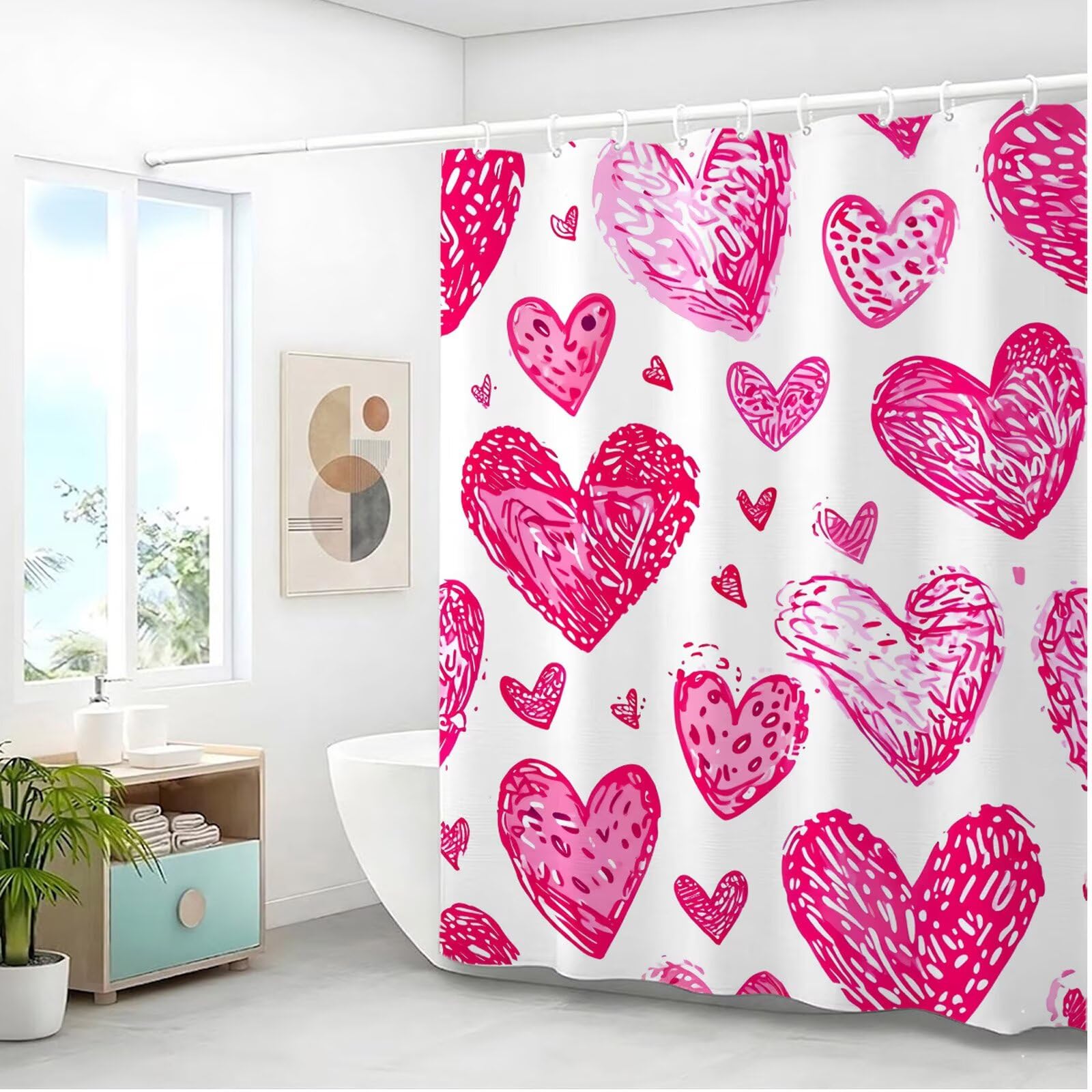 Rideau de Douche Anti Moisissure et Imperméable, Polyester Shower Curtain Rose Lavable avec Ourlet Inférieur Lesté, Rideaux Douche Amour avec Œillets Antirouille et 12 Crochets, 180x240 cm J8-151