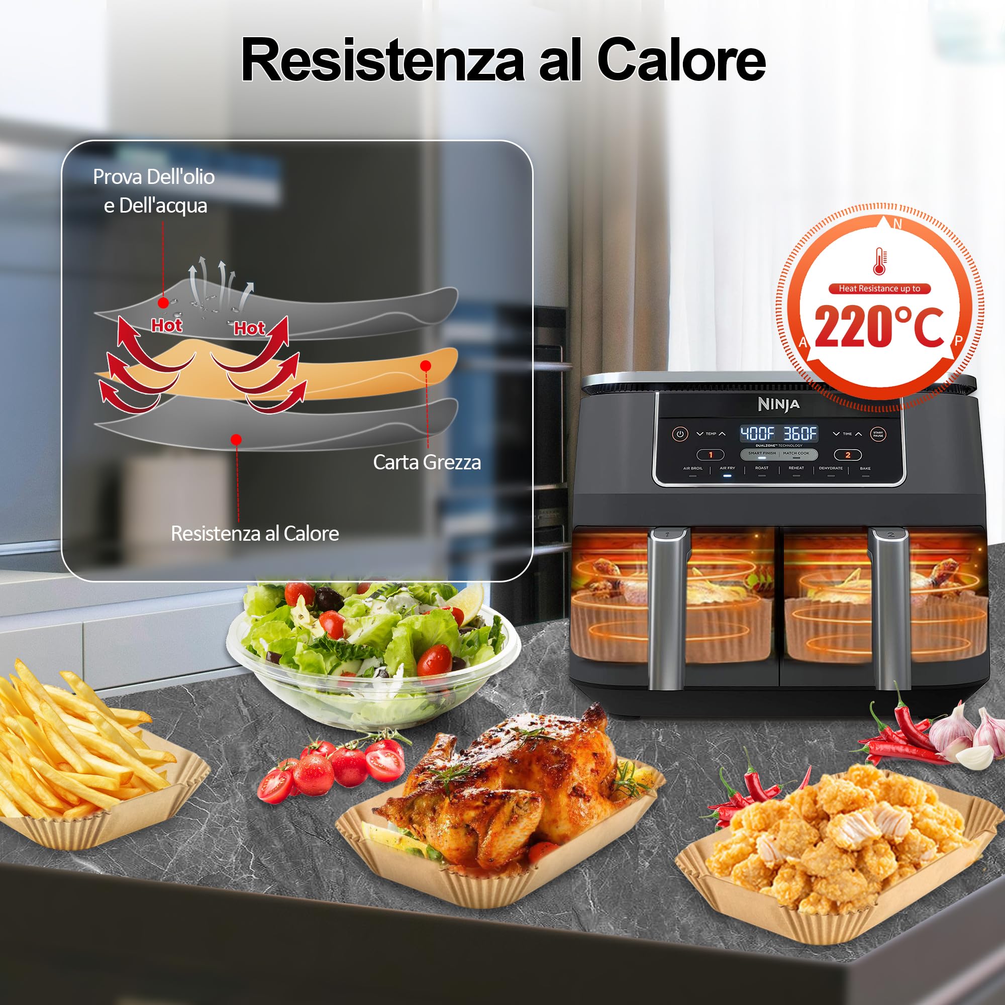 100 Fogli Carta Forno Per Friggitrice Ad Aria Rettangolare – Accessori Per Ninja AF300EU, AF400EU E Doppio Cestello 8-9L - 3
