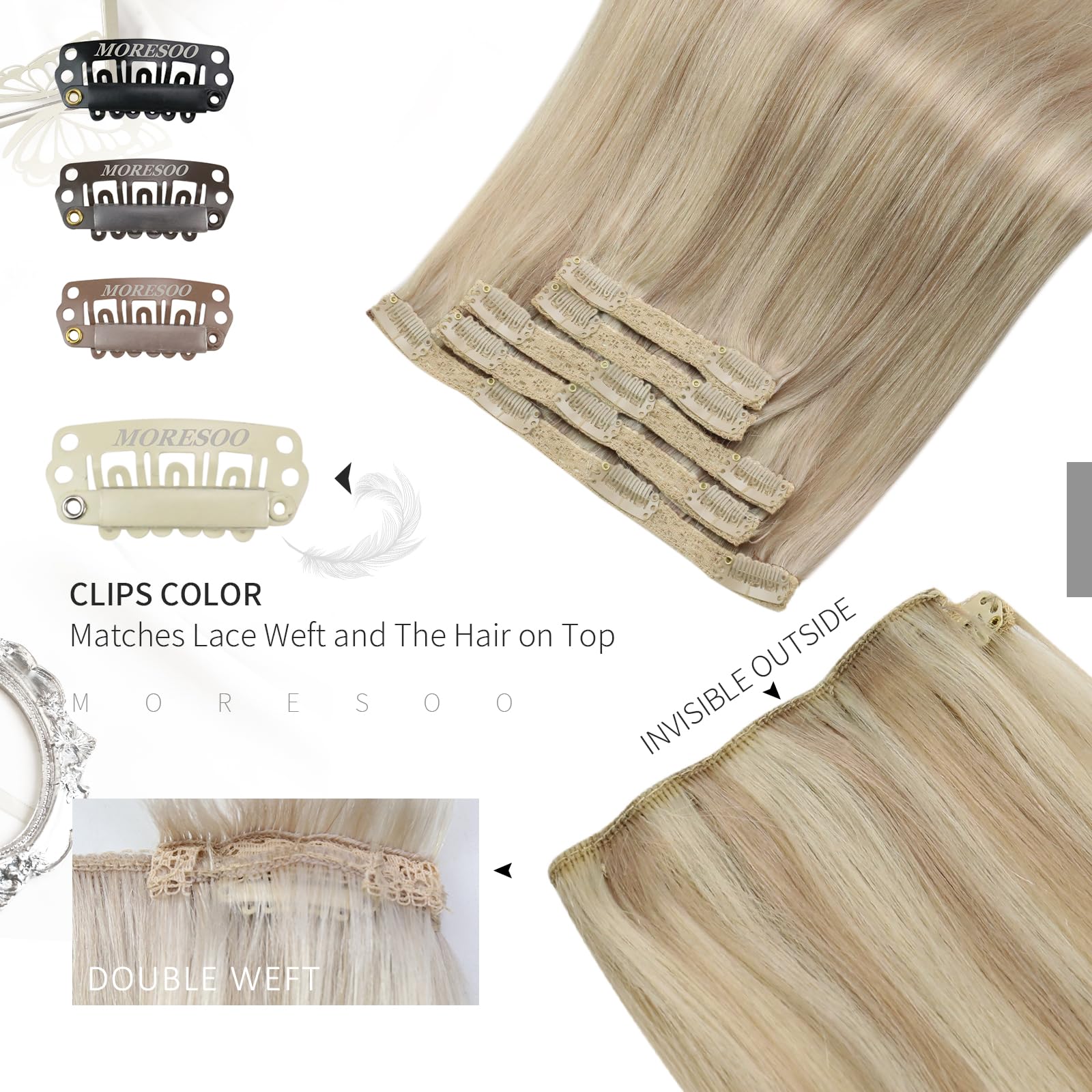 Moresoo Clip in Hair Extensions Real Human Hair 20 Inch Ash Blonde with Bleached Blonde Human Hair Clip in Extensions Real Remy Straight Hair for Adding Volume 5pcs/80G #18/613 - Image 4