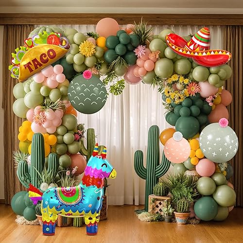 Miniatura 9 de Winrayk Kit de arco de guirnalda de globos de fiesta del Cinco de Mayo, decoración de fiesta mexicana, sombrero de taco, llama, globos de papel de