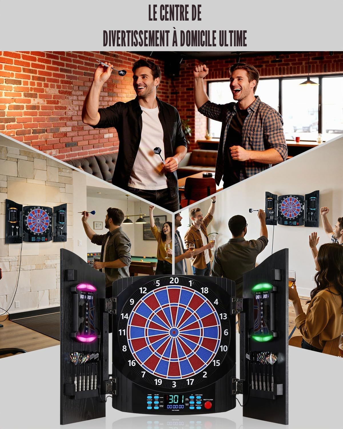 Jeu de Flechette Electronique avec Cible LED 8 Couleurs, Armoire en Bois Rustique, 12 Fléchettes Bronze