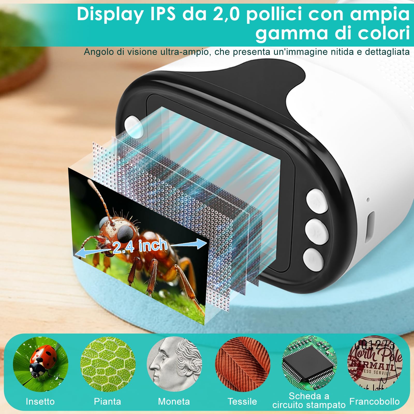 Microscopio Bambini Portatile,1000X Microscopio Digitale,con 2.0" IPS Pollici ＆ 8 LED Luce,USB Ricaricabile,per Casa e Esterni, Regalo di Natale per Bambini 3-12 Anni