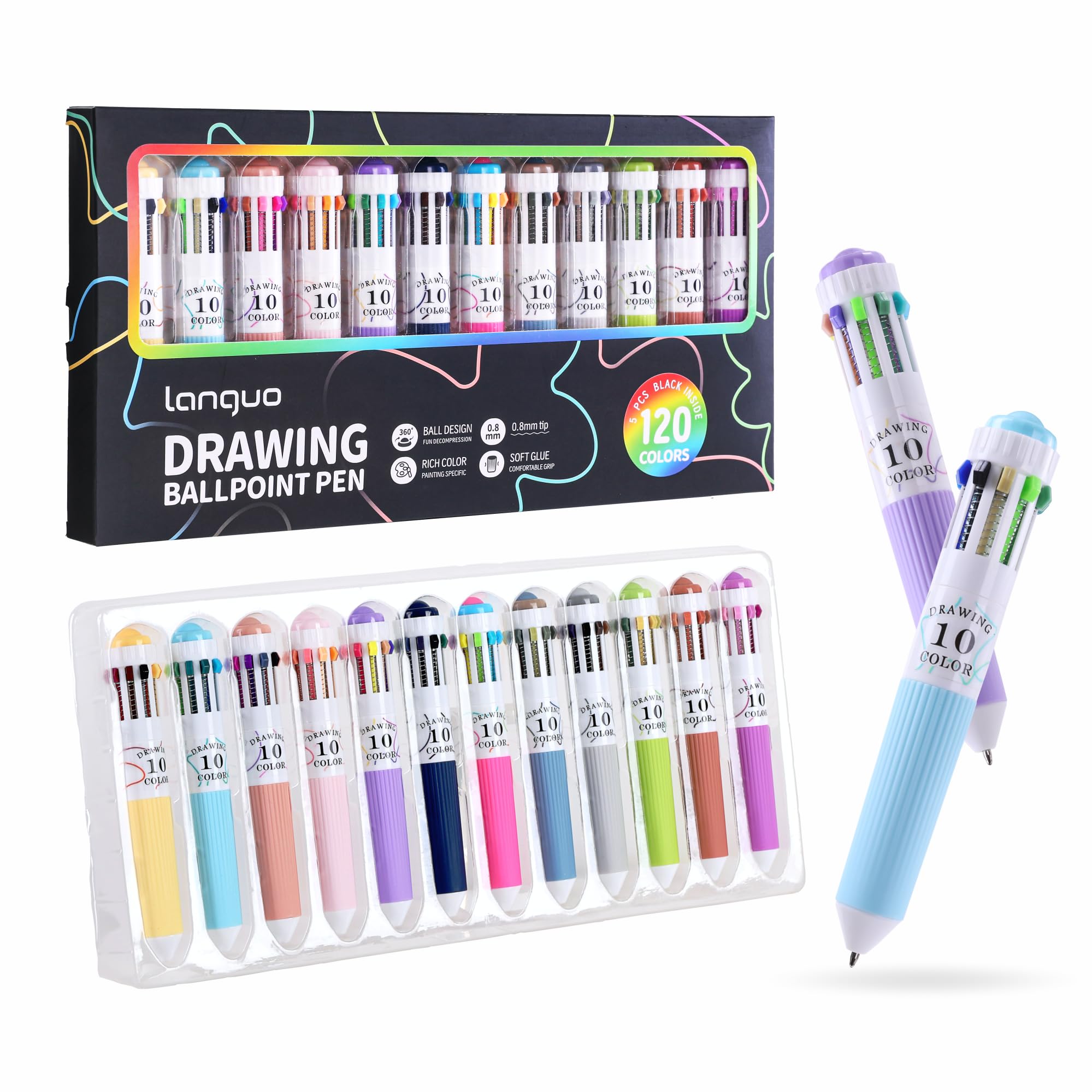 languo Bolígrafo multicolor de 120 colores, juego de 12 bolígrafos multicolor 10 en 1, punta de 0.8 mm, bolígrafos retráctiles de colores para dibujar y escribir, suministros de arte de oficina