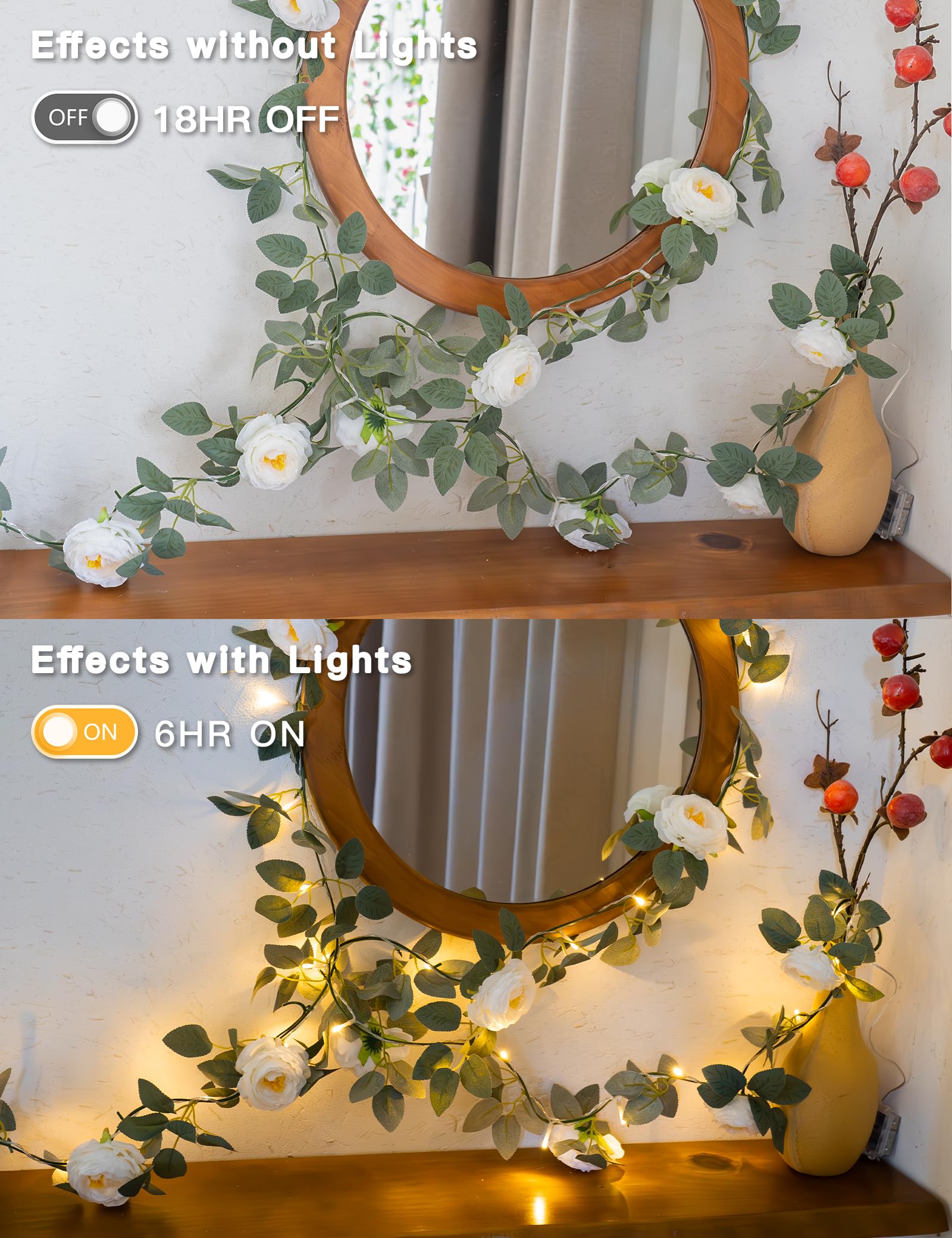 SUDDUS Guirnalda de 60 LED con luces de camelia blanca, funciona con pilas, cable transparente