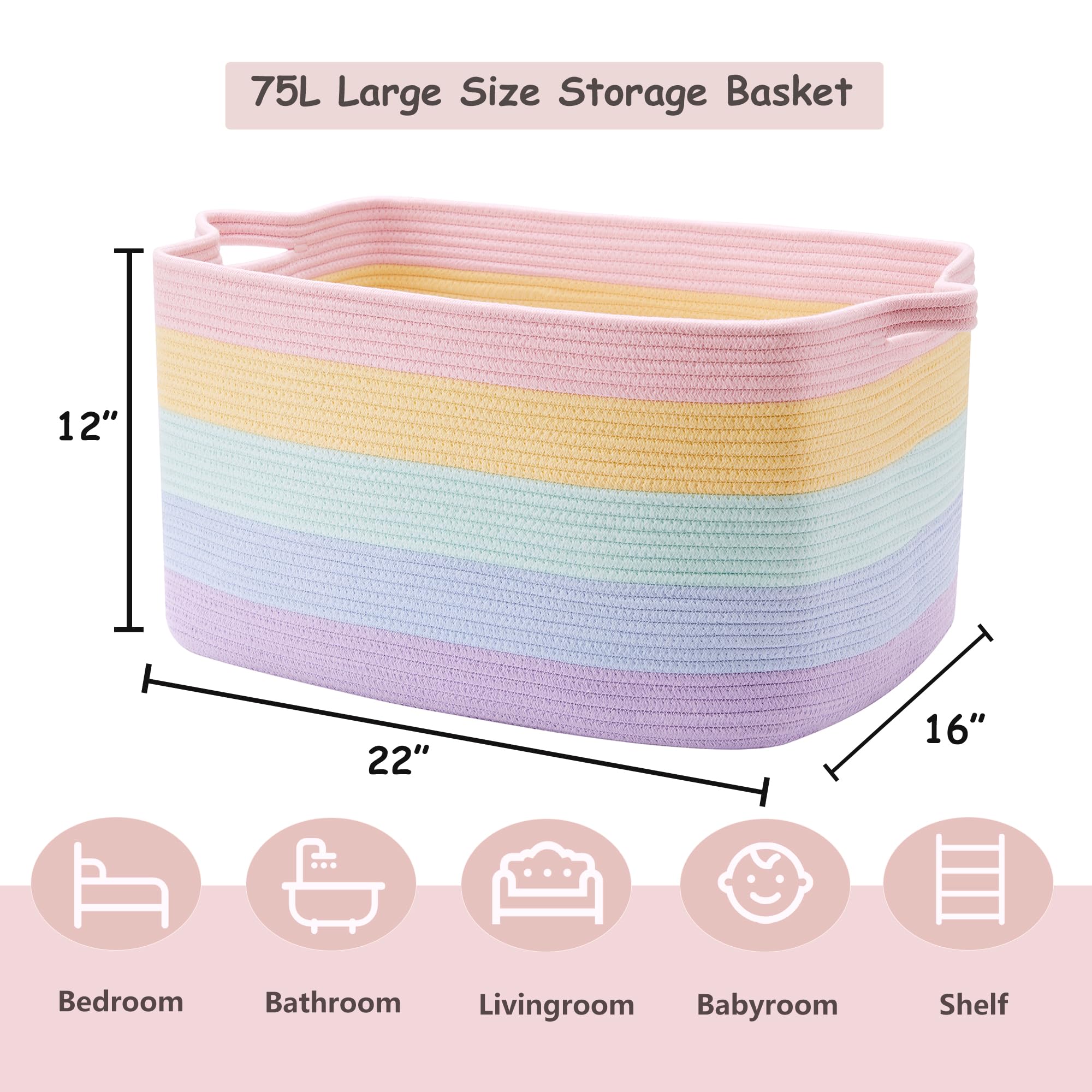 Cesta de almacenamiento de cuerda de algodón arcoíris extragrande de 75 litros para manta, cesta tejida rectangular para juguetes, ropa, ropa en sala de estar, dormitorio, para bebé, 5
