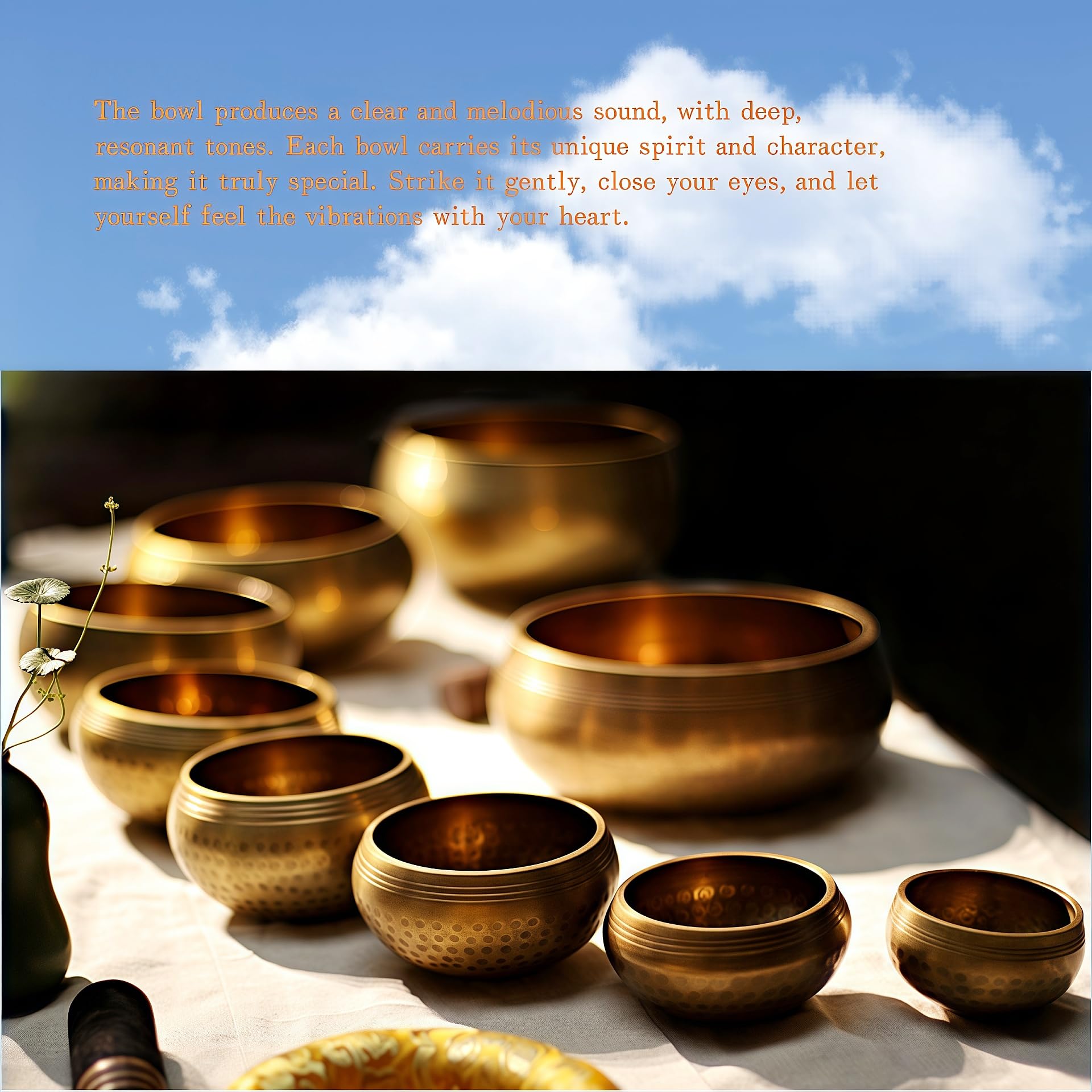Fay Bless Tibetan Singing Bowl Set - Easy To Play for Beginners - Authentic Handcrafted Mindfulness Meditation Holistic Sound (Gold-13cm/5.1in)