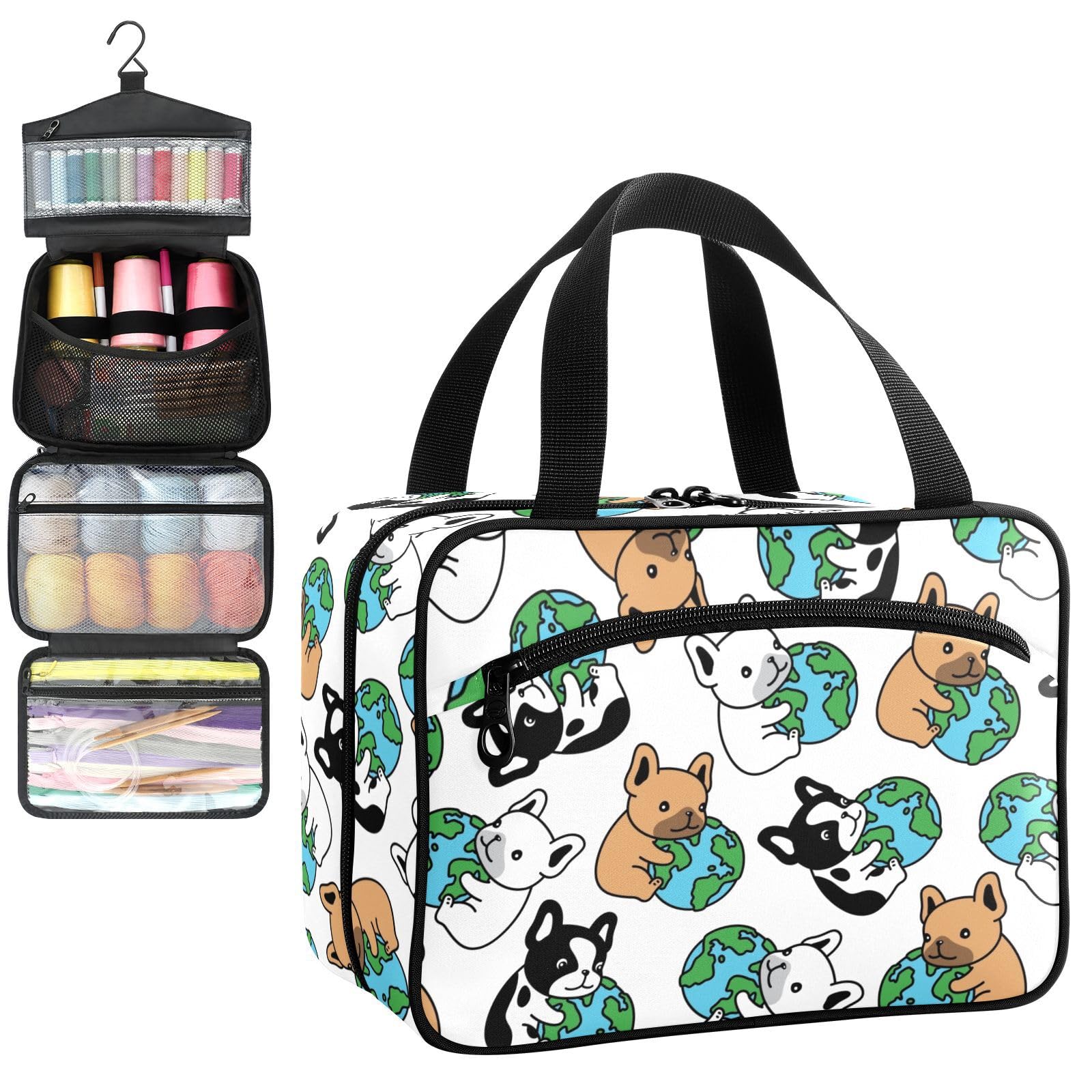 YNNALE Sewing Supply Organizer Bag, Cute French Bulldog with Earth Dog Portable Sewing Bags with Pockets&Hanger, Sewing Storage Box Case for Sew Supplies/Kit/Tools/Accessories (BAG ONLY)