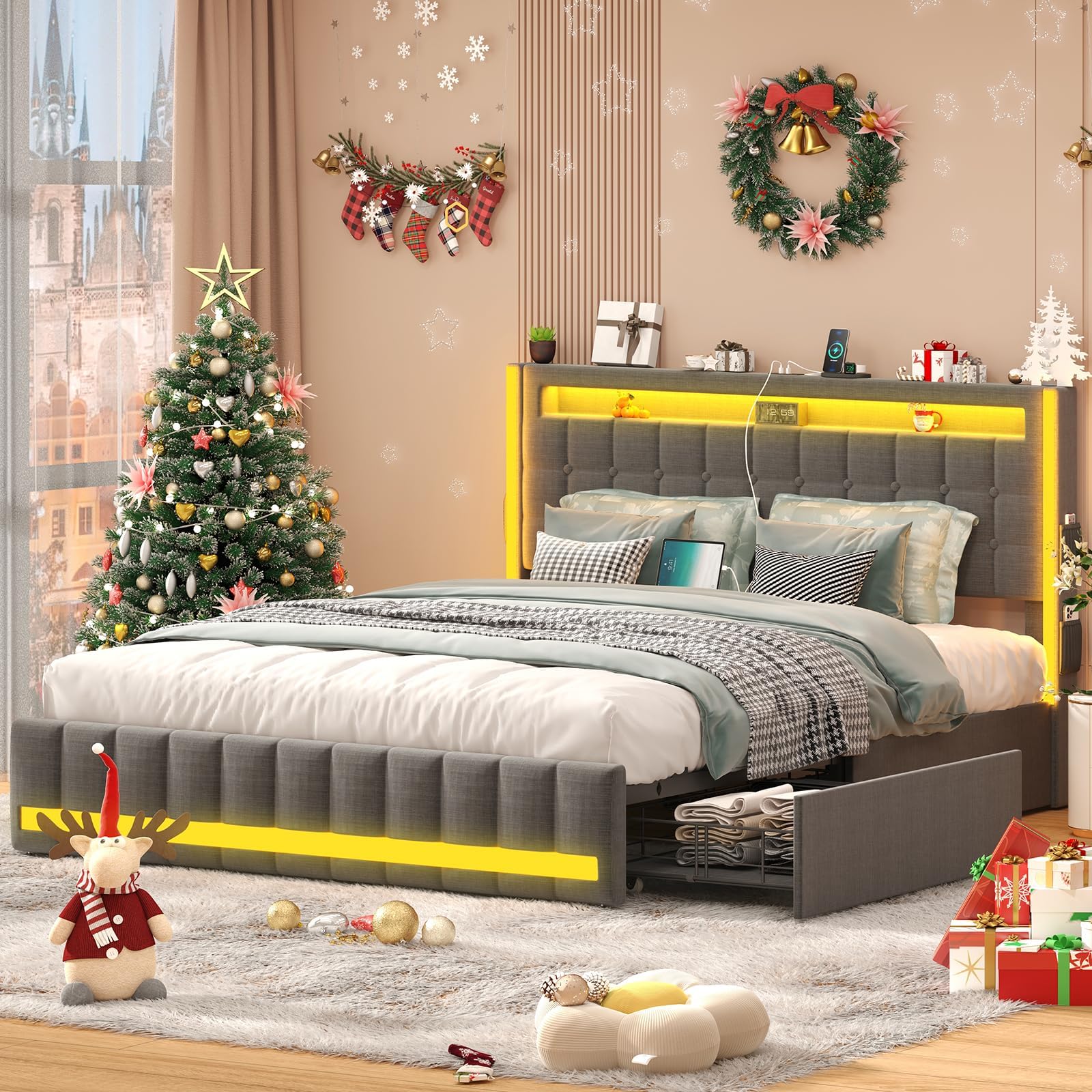Upholstered Full Size Bed Frame with 4 Storage Drawers,RGB LED Light,Charging Station,Adjustable Headboard,Slats Support,Square Stitched Button Tufted,No Box Spring Needed,Dark Gray