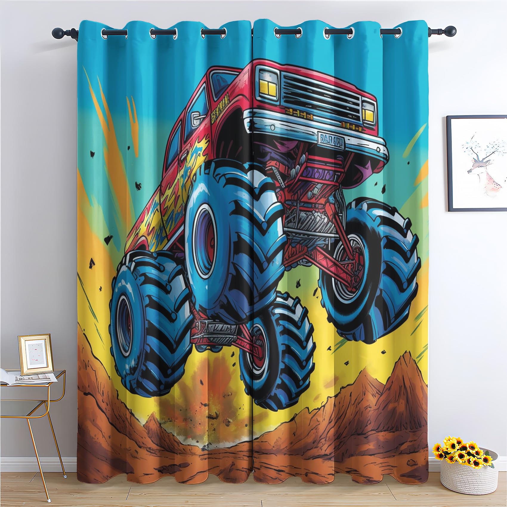 QEODAH Monster Truck Blackout Curtains for Bedroom - Kids Boys Cool Car Living Room Curtains 66x72 Eyelet - Soft Thermal Insulated Patterned Drapes for Windows - 2 Panels
