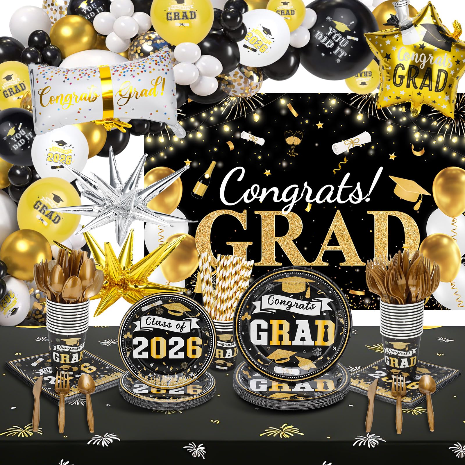 Photo 1 of 2026 Graduation Party Decorations Kit - 280 Pcs Black Gold Graduation Party Supplies Include Plates, Napkins,Cups, Straws,Tablecloth,Balloon Garland Congrats Grad Backdrop for 25 Guests