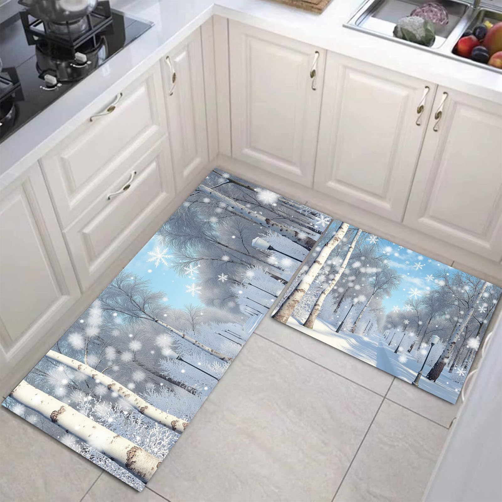 Tappetini da cucina 2 pezzi, Tappeto Cucina Antiscivolo, Realismo invernale Foresta di betulle innevata Tappeti da Cucina, lavabile, Adatto per corridoi, cucine, bagni, 50x80+50x150cm, Bianco
