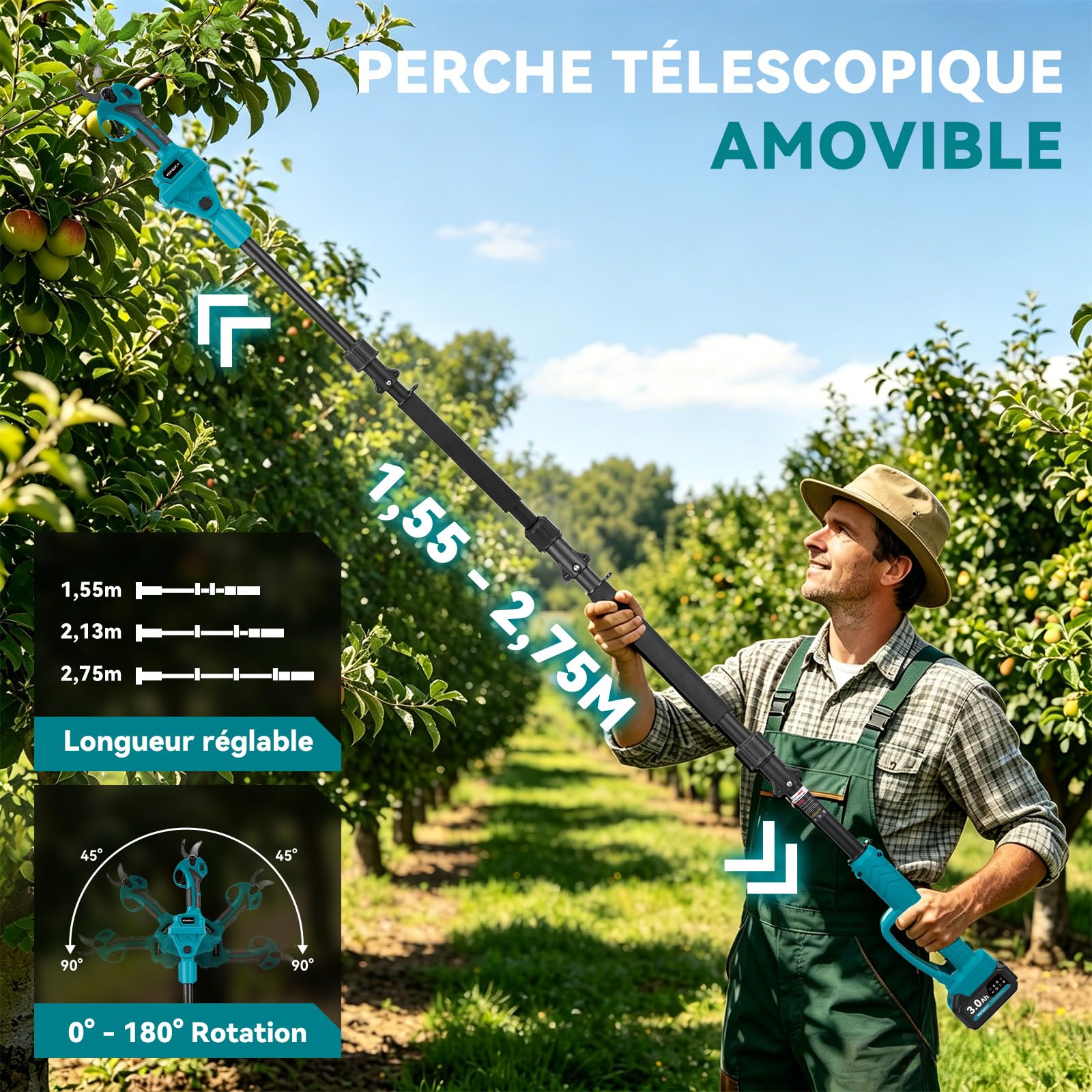 Yofidra 2-in-1 Akku Hochentaster, 30mm Elektrische Astschere Teleskopstiel mit 2 x 3000mAh Akku, 300W Bürstenloser Motor, LCD-Display, Max. Reichweite bis 4,2m, Gartenschere für Äste, Obstbaum