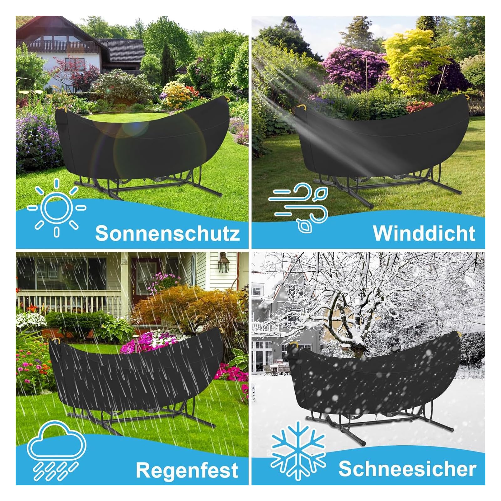 Housse de hamac Oxford 210D – Housse de protection extérieure imperméable pour hamac de jardin, bâche de camping durable pour hamacs suspendus. Dimensions : 285 x 17 x 80 cm. Couleur : noir