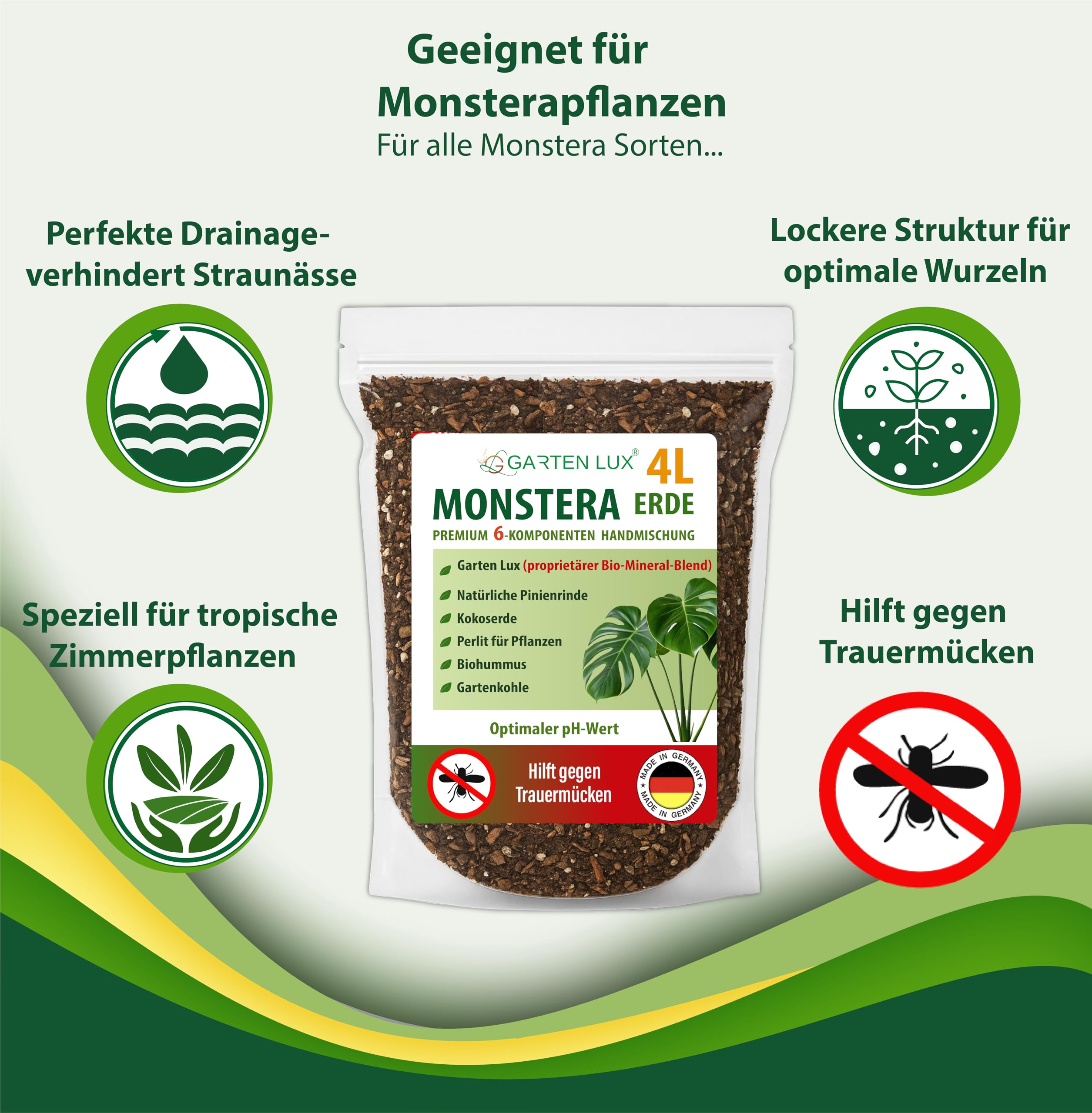 Garten Lux Monstera Terra 4L sin turba - 6-en-1 contra los mosquitos de duelo | sustrato aroid | tierra de coco, perlita, corteza de pino, biohumus, carbón de jardín + complejo secreto | drenante