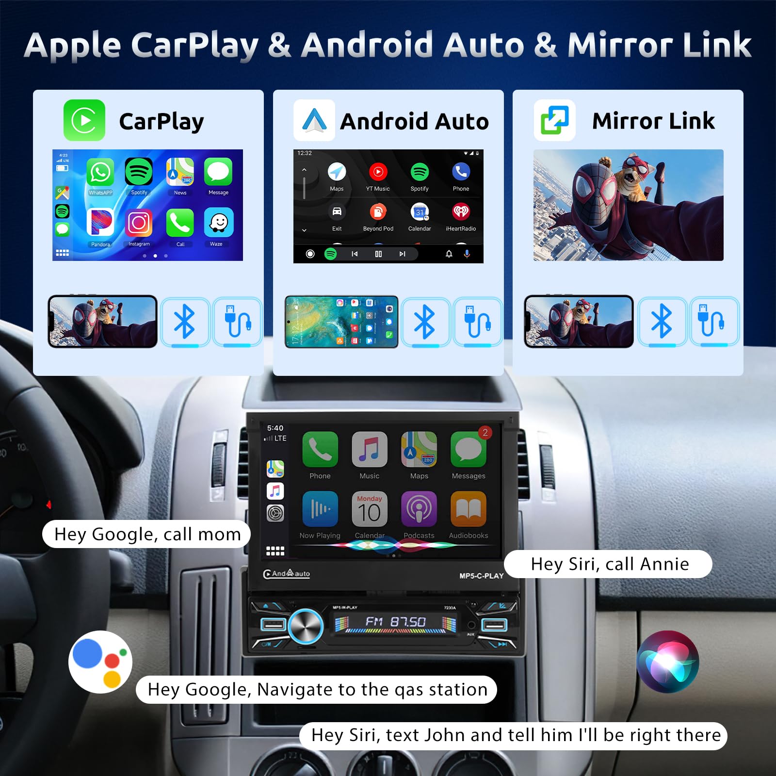 Podofo Android Car Radio 1Din 7'' Retrattile Bluetooth 5.1 - Dettaglio