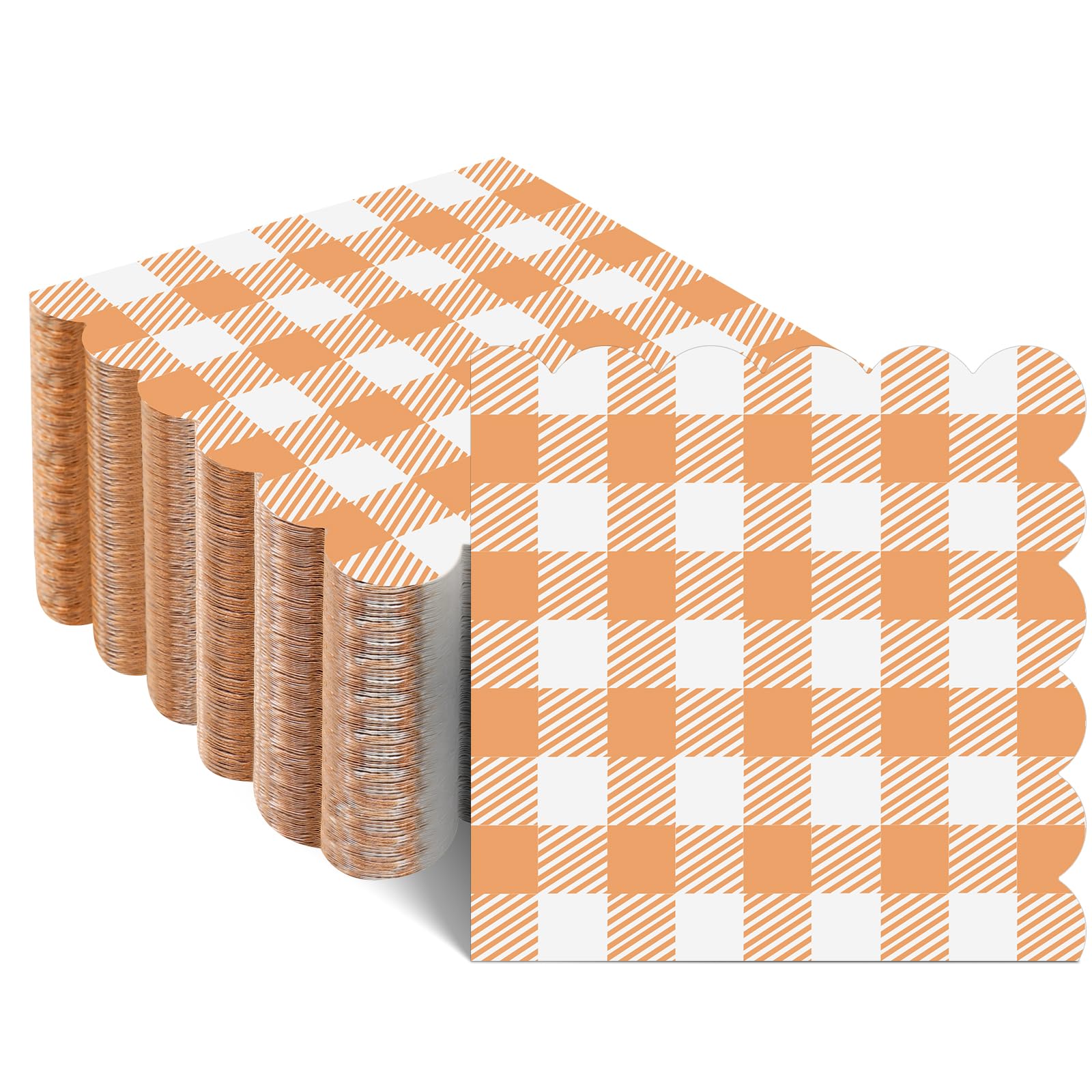 Xiangqu 120 Pcs Orange Gingham Napkins, Disposable Fall Napkins Scalloped Fall Cocktail Napkins Orange Plaid Napkins for Picnic, Barbecue, Fall Party,5 x 5 Inches