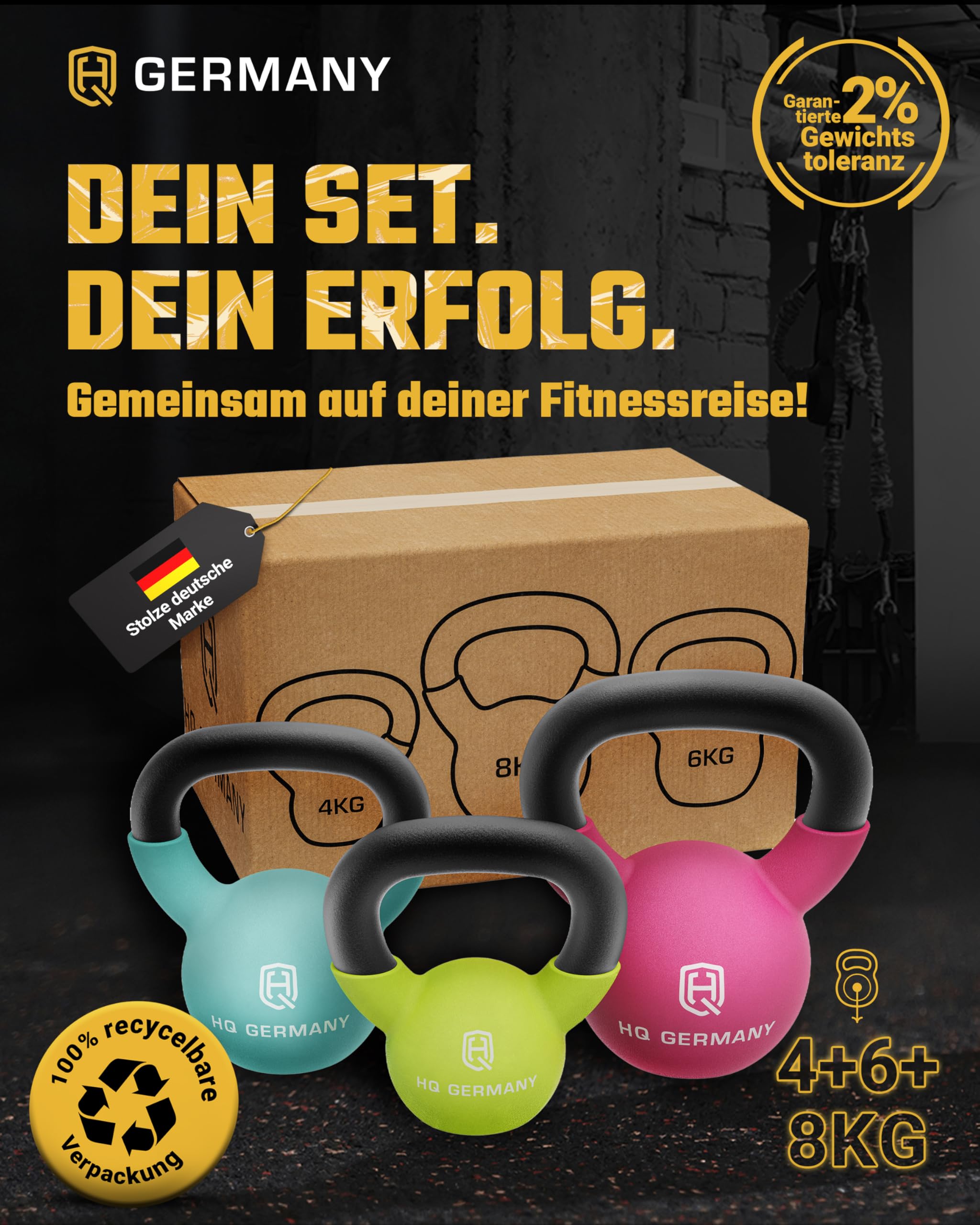 HQ Germany® Kettlebell Neopren [optimaler Bodenschutz] - Kugelhantel 2-32kg | Einteiliger Gusskern, pulverbeschichteter Griff, ±2% kalibriert, ergonomisch je Gewicht, Neoprenschicht