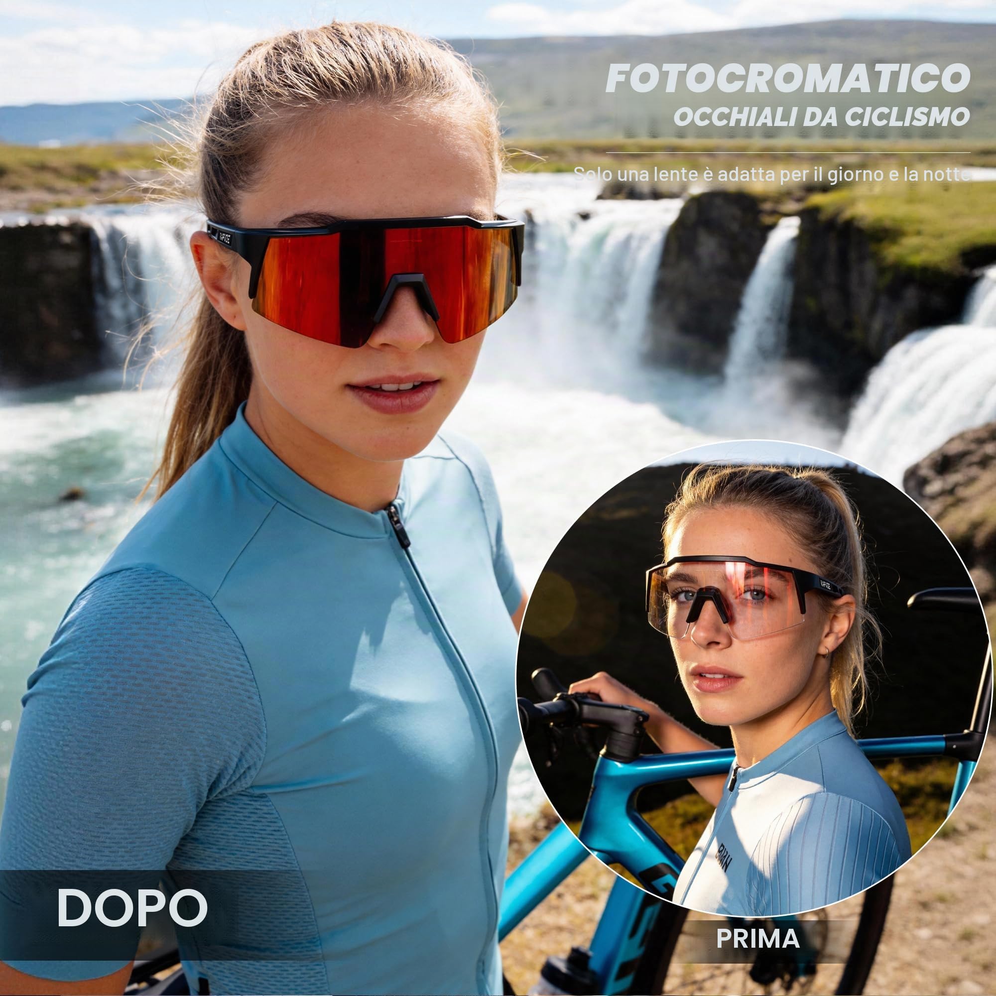 KAPVOE Occhiali da ciclismo fotocromatici UV400 uomo donna TR90 K9023 | Occhiali da ciclismo fotocromatici, UV400 Protezione, Struttura TR90 e supporto interno integrato