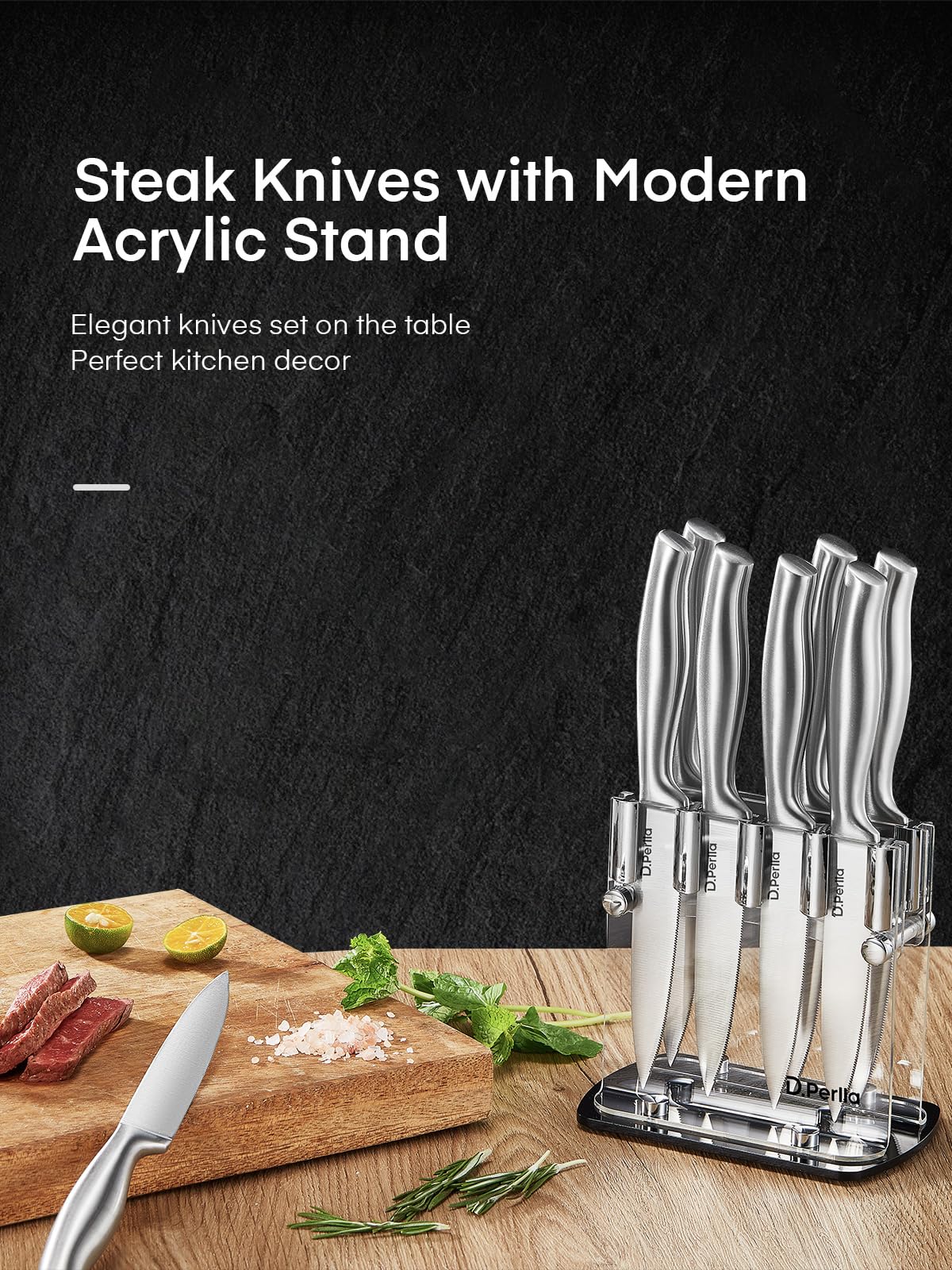 D.Perlla Cuchillo Para Bistec, Juego de Cuchillos Para Bistec 9 Piezas, Juego de Cuchillos Para Bistec Afilados con Mango Ergonómico, Con Portacuchillas Acrílico