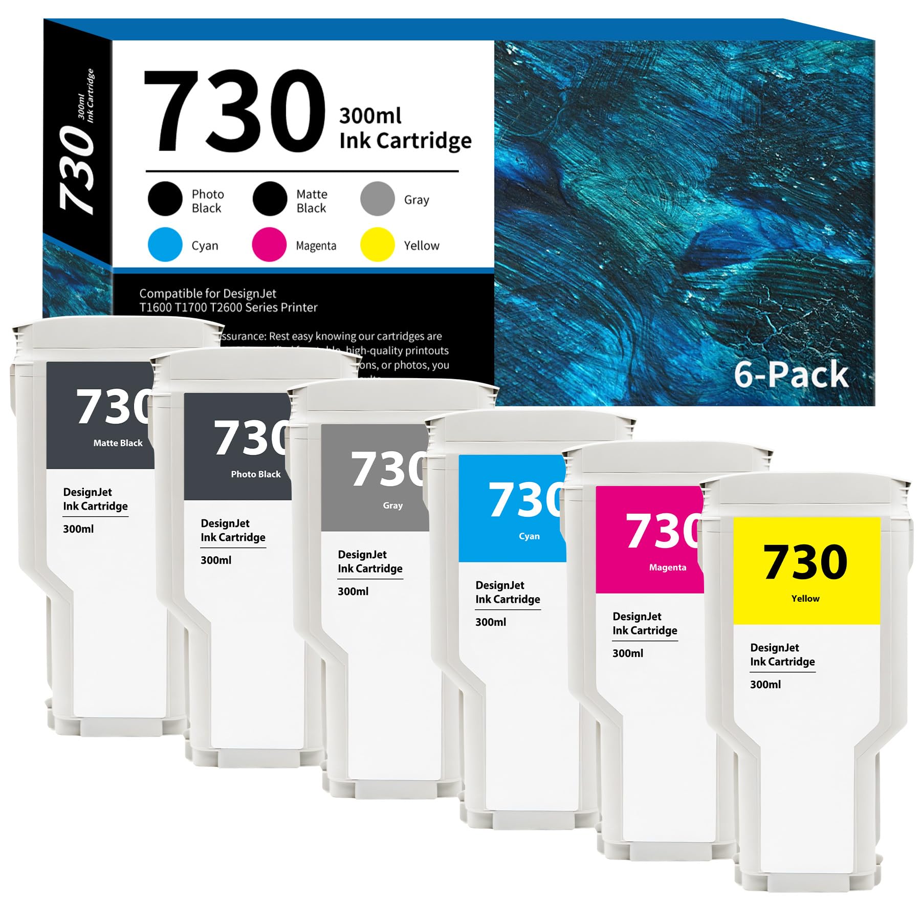 730 Ink Cartridges High-Capacity 300ml 6-Pack P2V68A P2V69A P2V70A P2V71A P2V72A P2V73A Replacement for HP 730 Ink Cartridge for DesignJet T1600 T1700 T2600 Printer Ink