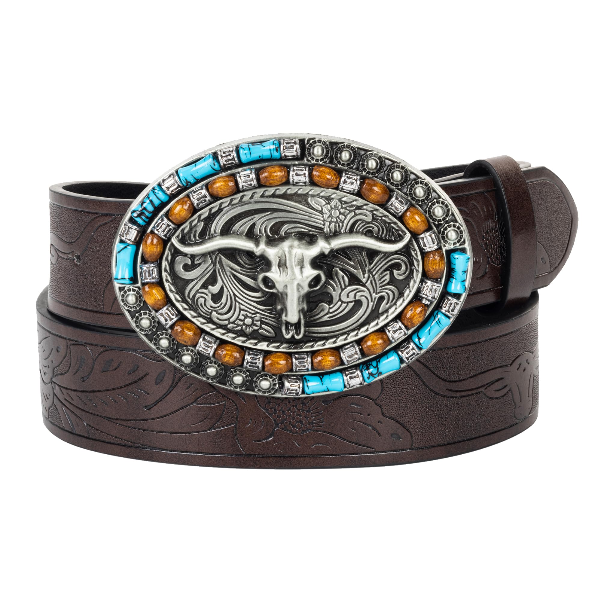 Western Cowboy-Belts for Women Big-Buckle Longhorn-Bull PU-Leather Rodeo Cowgirl-Belt Engraved Floral - Waist 25-38"