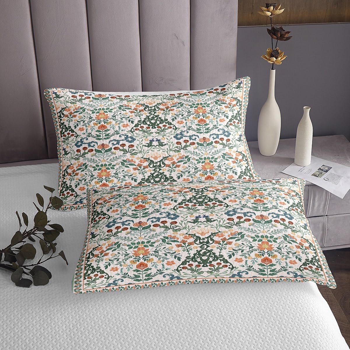 Homemissing Blumen Tagesdecke 240x260cm Jungen Mädchen Vinatge Botanischer Grün Steppdecke Für Kinder Retro Boho Blumen Wohndecke Blaue Orangenblüte Zimmer Dekor