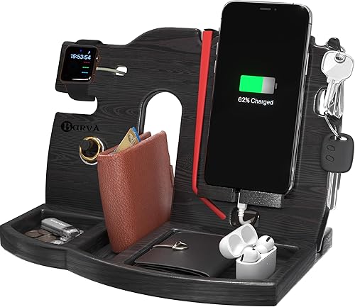 Miniatura 1 de BARVA Estación de acoplamiento de madera, organizador de mesita de noche, soporte para teléfono, cartera, reloj, soporte para llaves, carrito de