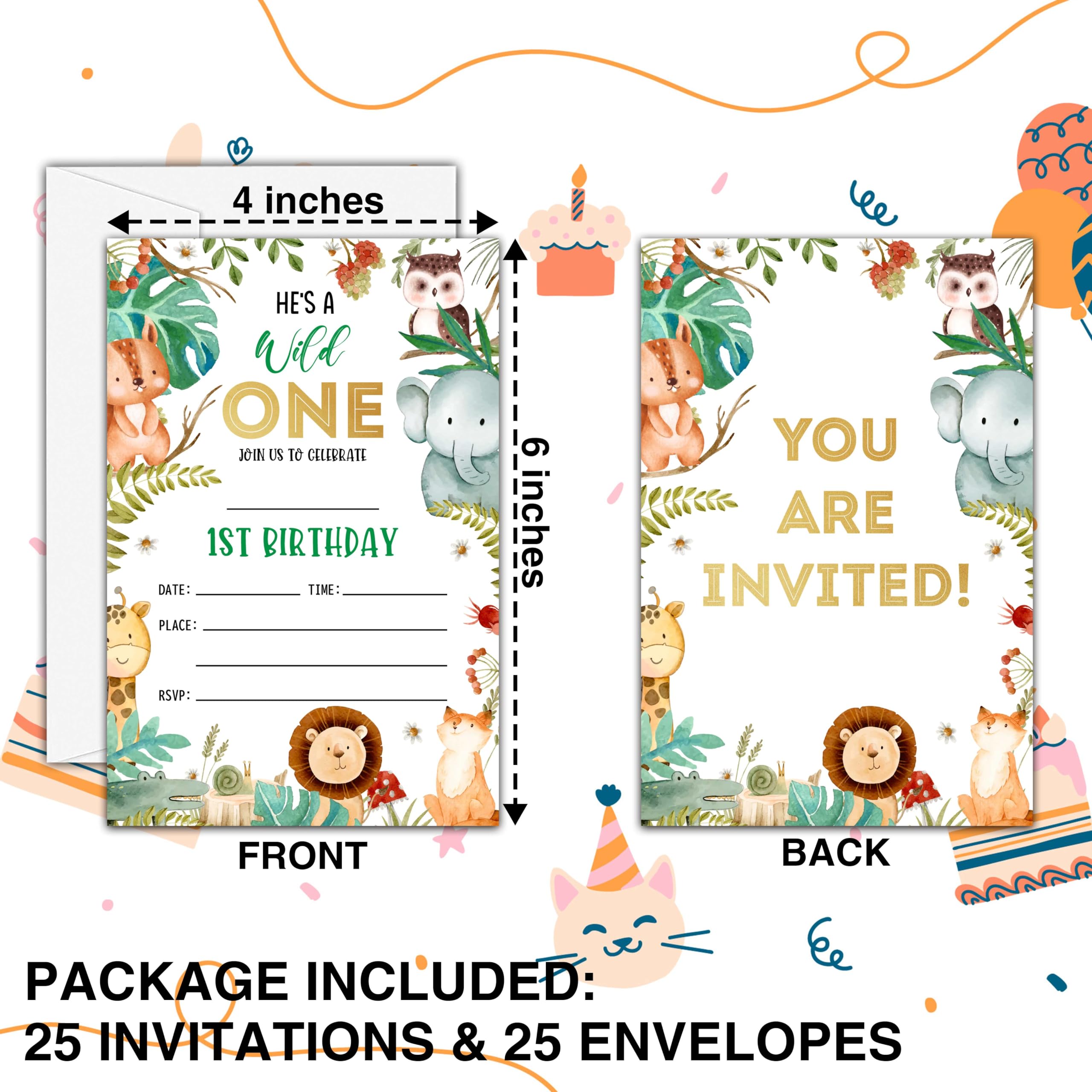 Wild One Birthday Invitations, 25 Double-Sided Invitation Cards with 25 Envelopes, Jungle Animals Party Decoration Supplies - C09