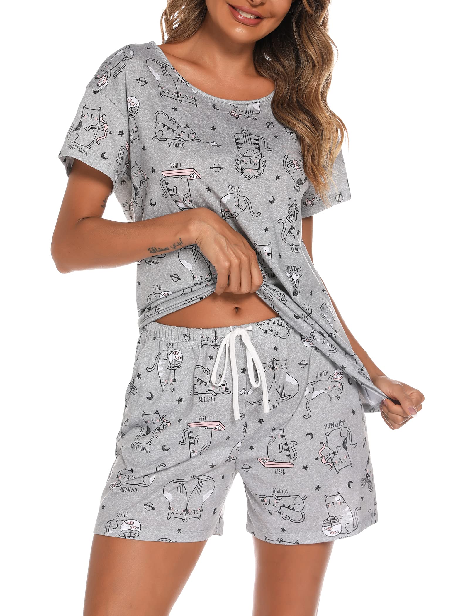 ENJOYNIGHT Womens Pajama Shorts Sets Cotton Pjs Summer Cute Sleepwear with Pockets