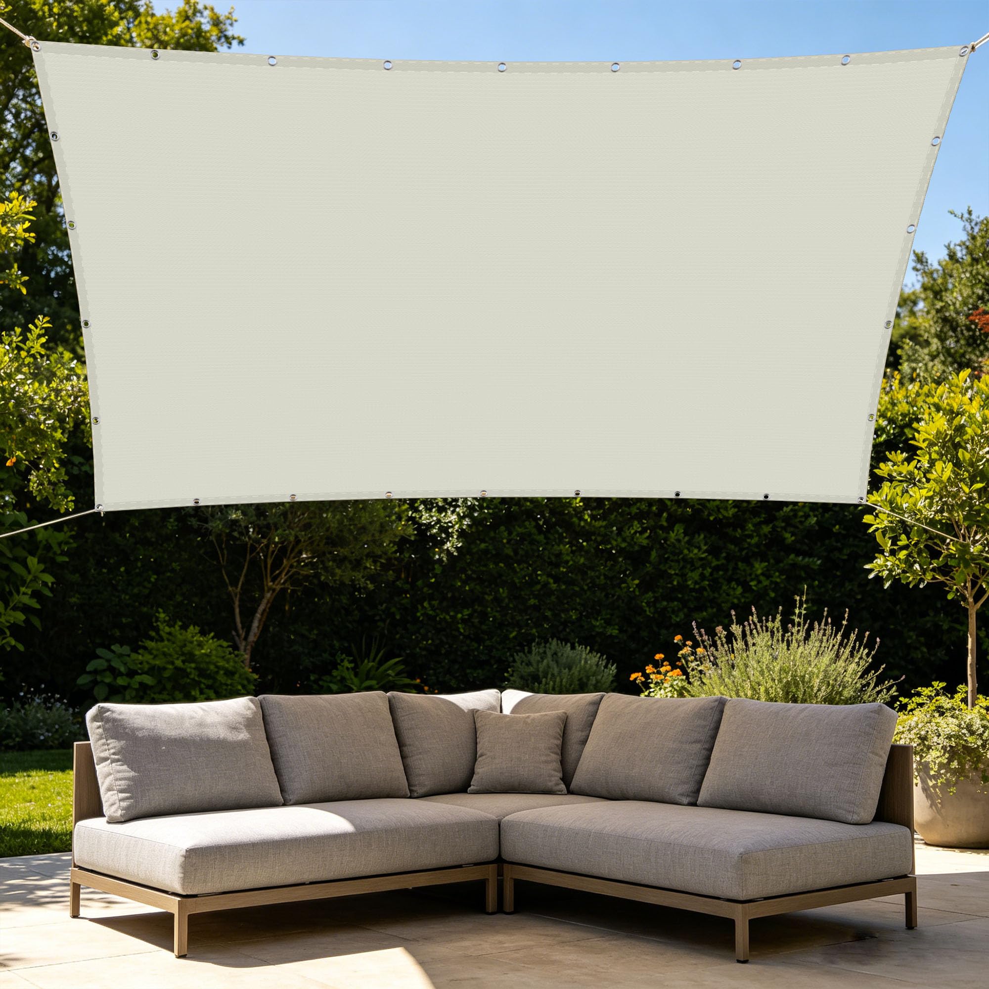 Voile d'ombrage 2 x 5 m blanc cassé, toile de jardin et balcon avec cordon de montage
