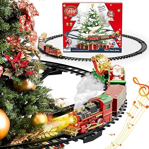 Juguetes colgantes de tren de Navidad con humo, luz y sonido, juego de tren eléctrico para niños de 4 a 8 años, kit de construcción de vías de tren